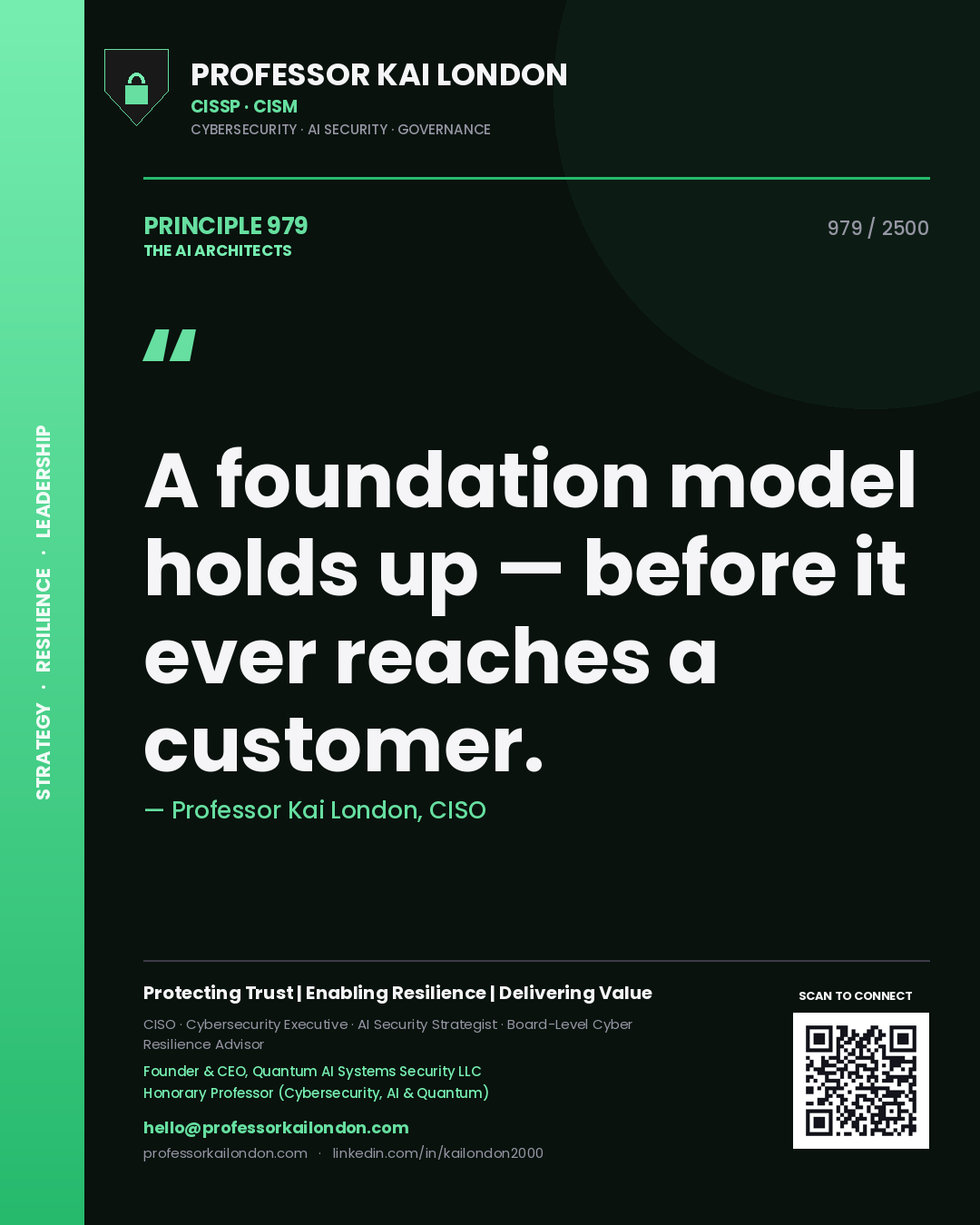 Quote card by Professor Kai London reading 'A foundation model holds up — before it ever reaches a customer.'. From the book The AI Architects.