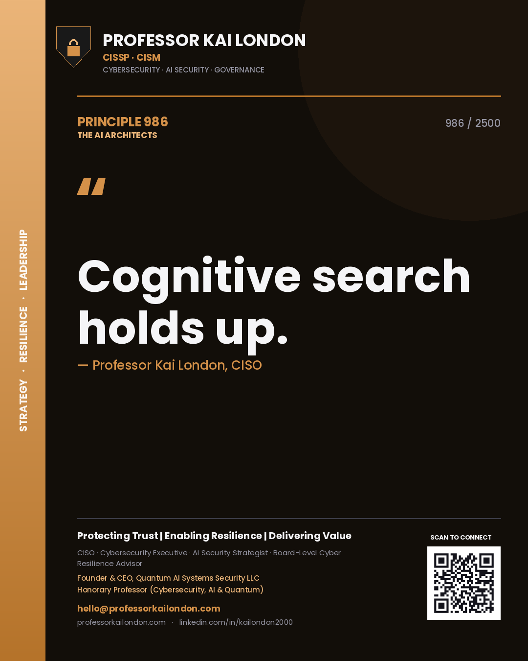 Quote card by Professor Kai London reading 'Cognitive search holds up.'. From the book The AI Architects.