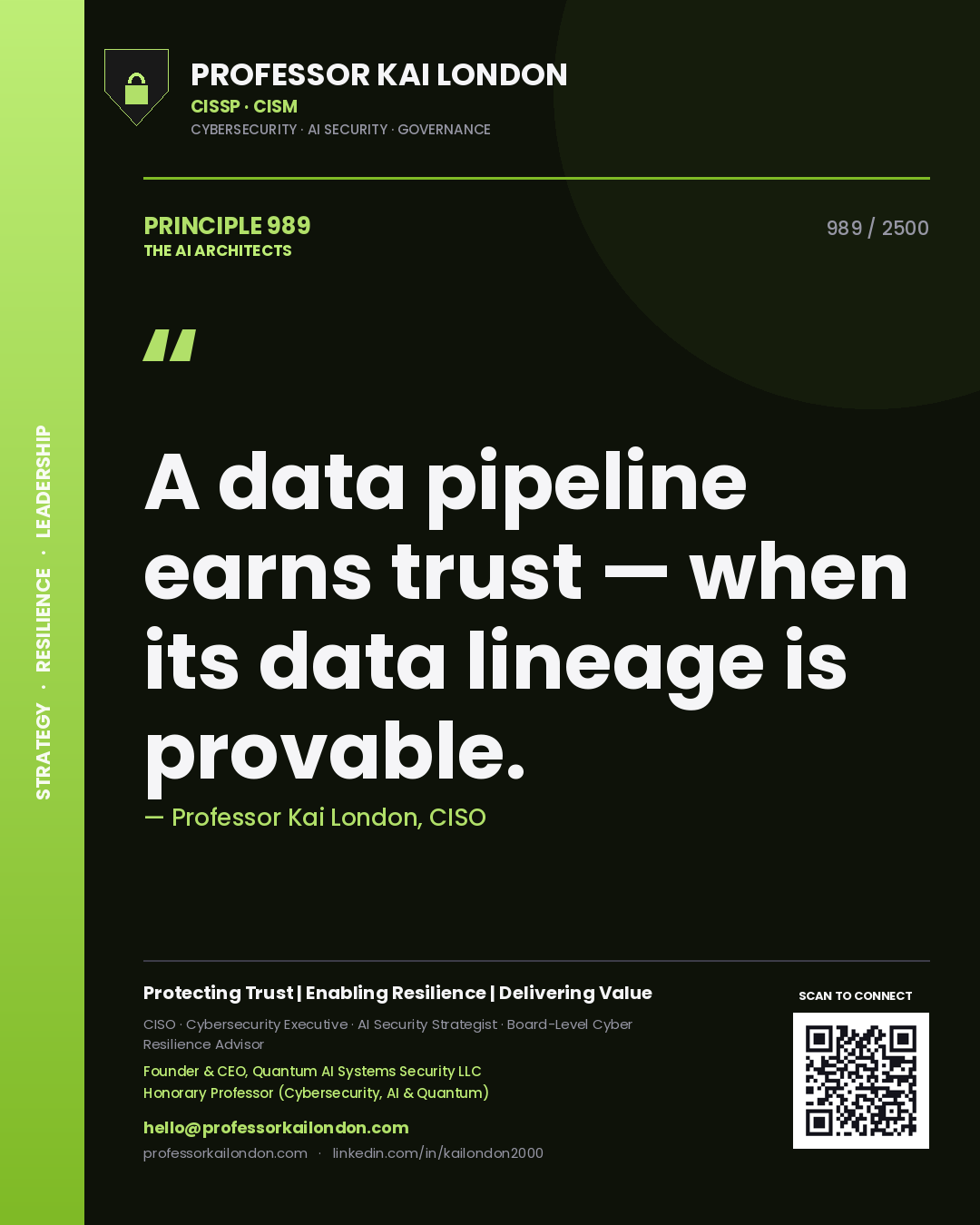 Quote card by Professor Kai London reading 'A data pipeline earns trust — when its data lineage is provable.'. From the book The AI Architects.