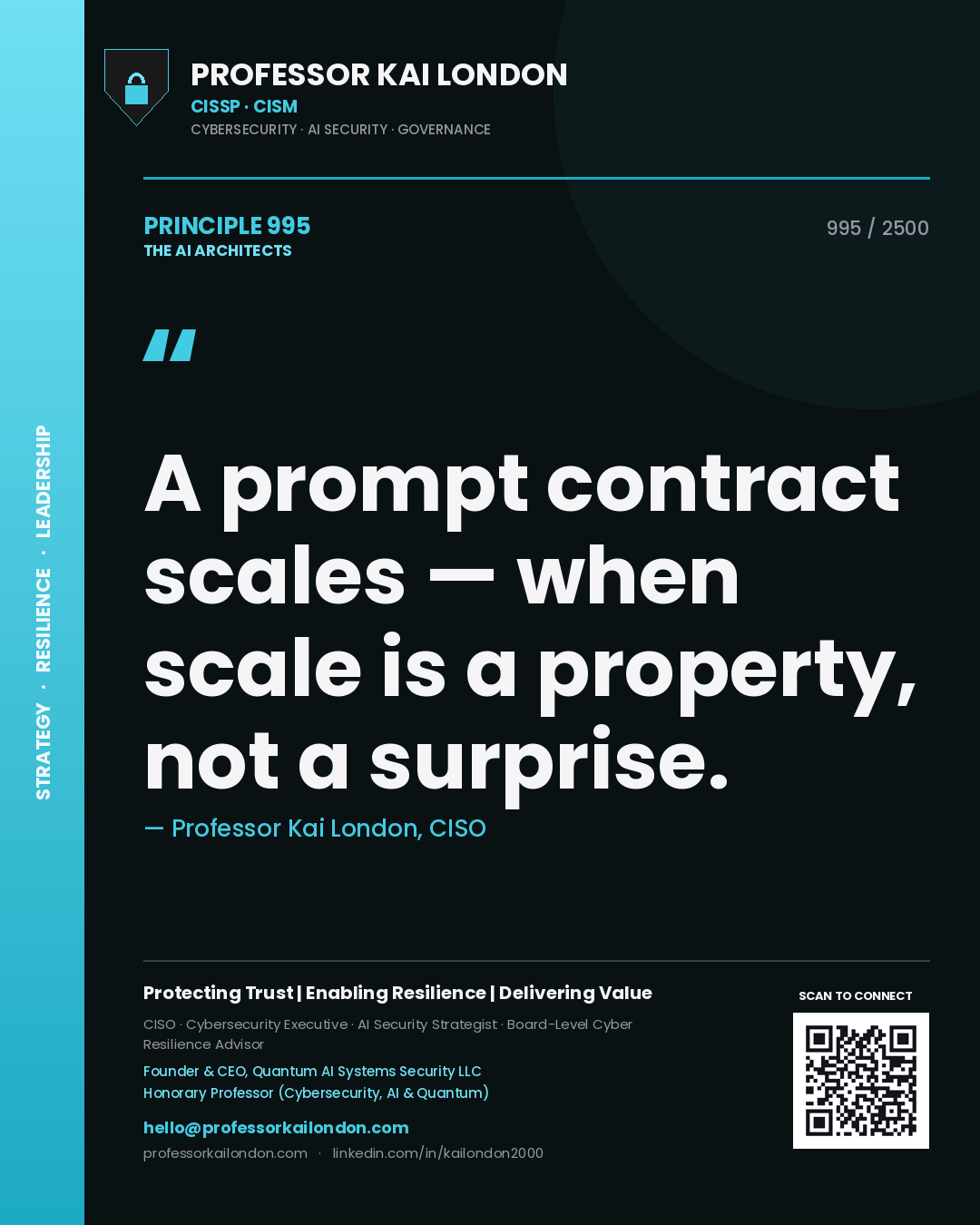 Quote card by Professor Kai London reading 'A prompt contract scales — when scale is a property, not a surprise.'. From the book The AI Architects.