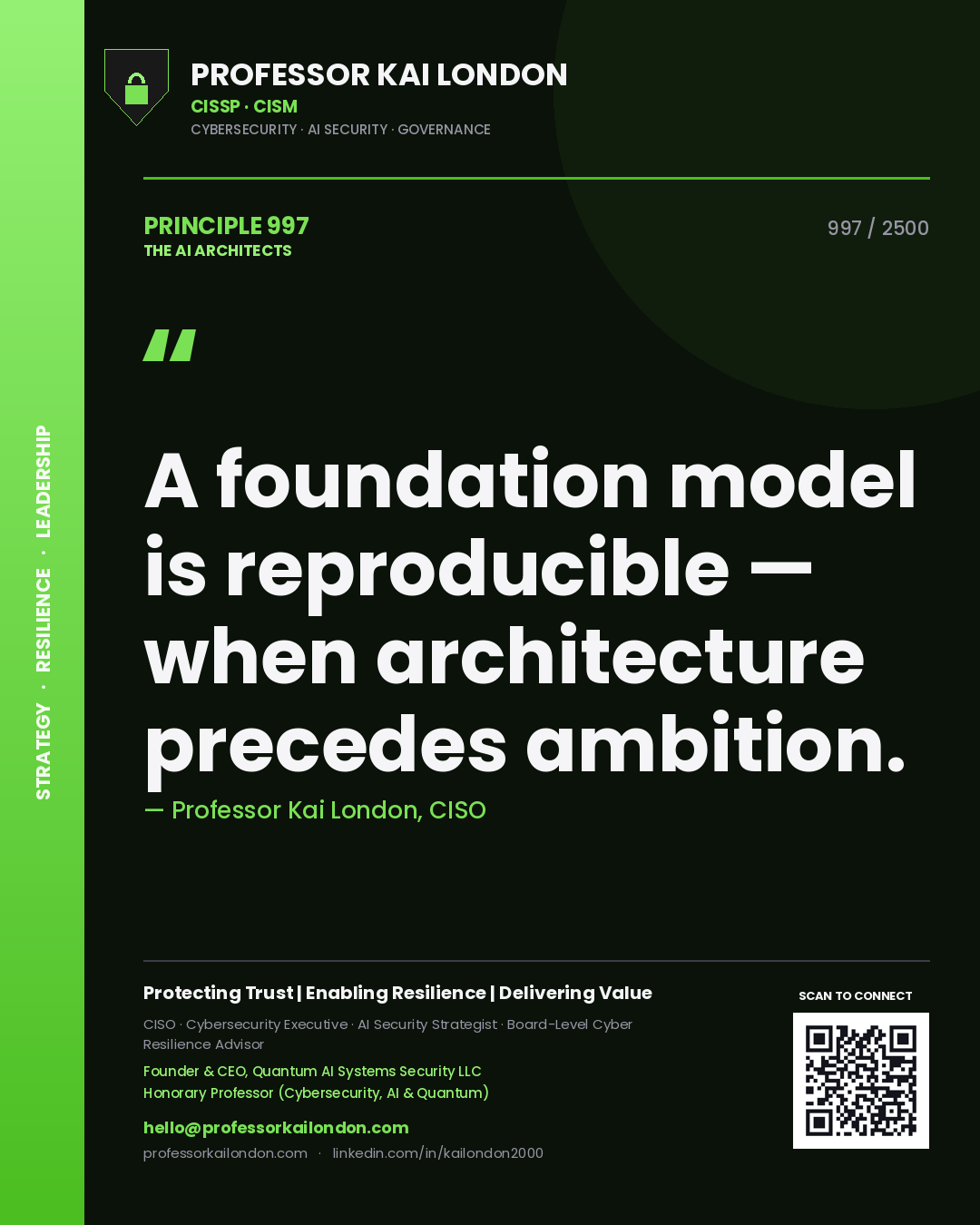 Quote card by Professor Kai London reading 'A foundation model is reproducible — when architecture precedes ambition.'. From the book The AI Architects.