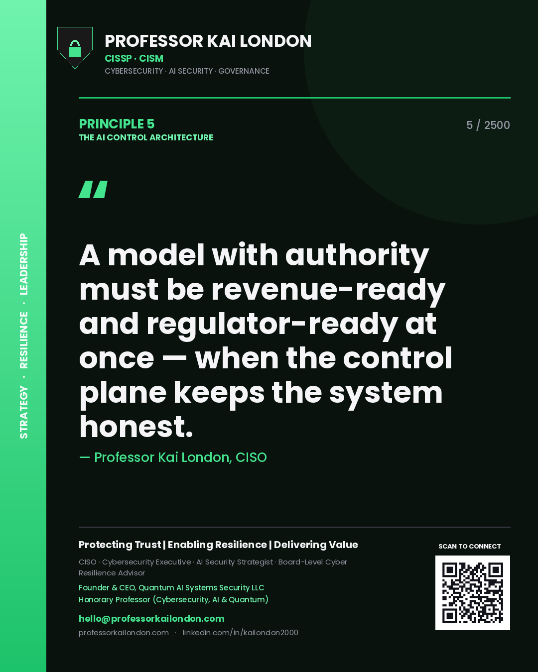 Professor Kai London principle 5: A model with authority must be revenue-ready and regulator-ready at once — when the control plane keeps the system honest.