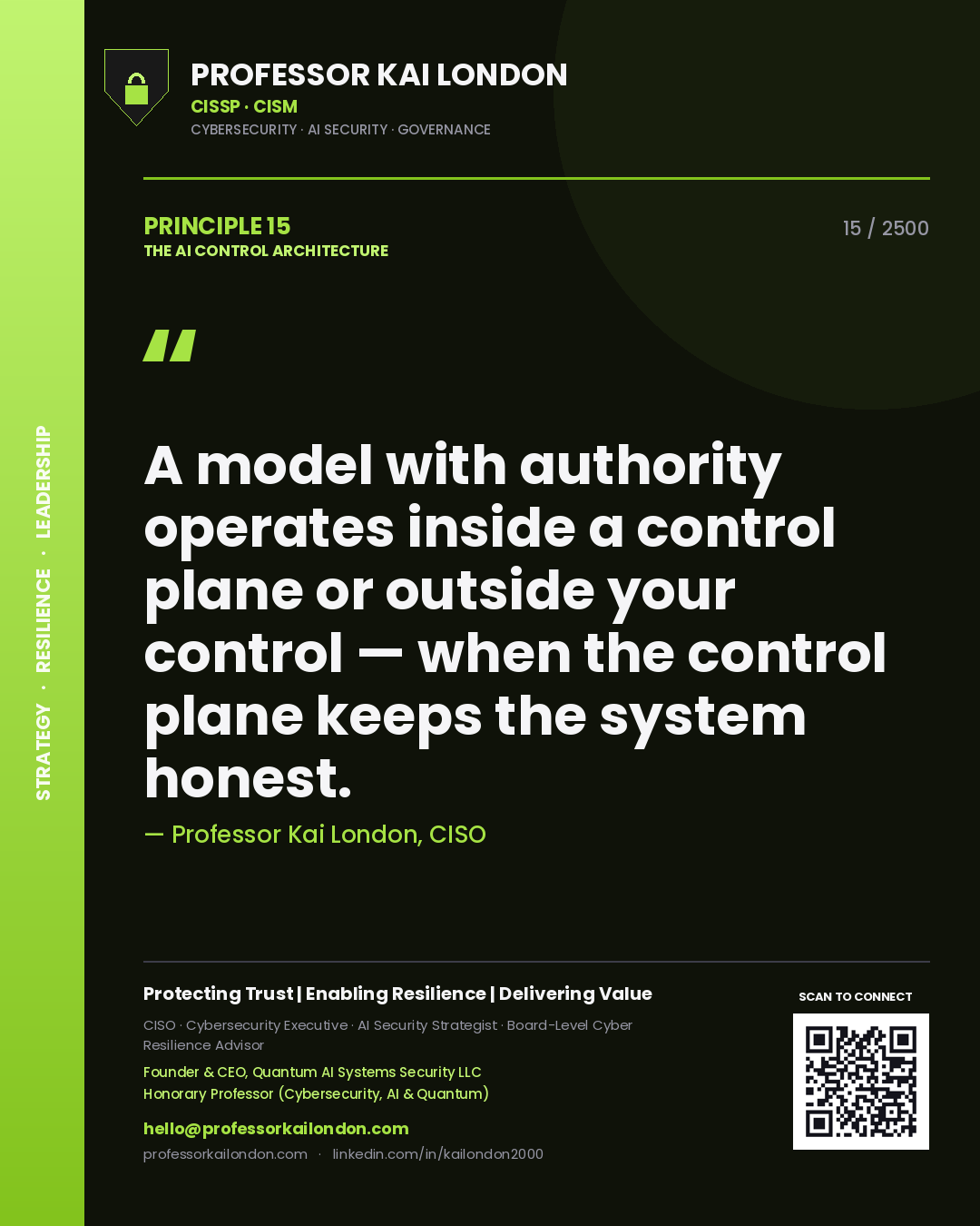 Professor Kai London principle 15: A model with authority operates inside a control plane or outside your control — when the control plane keeps the system honest.