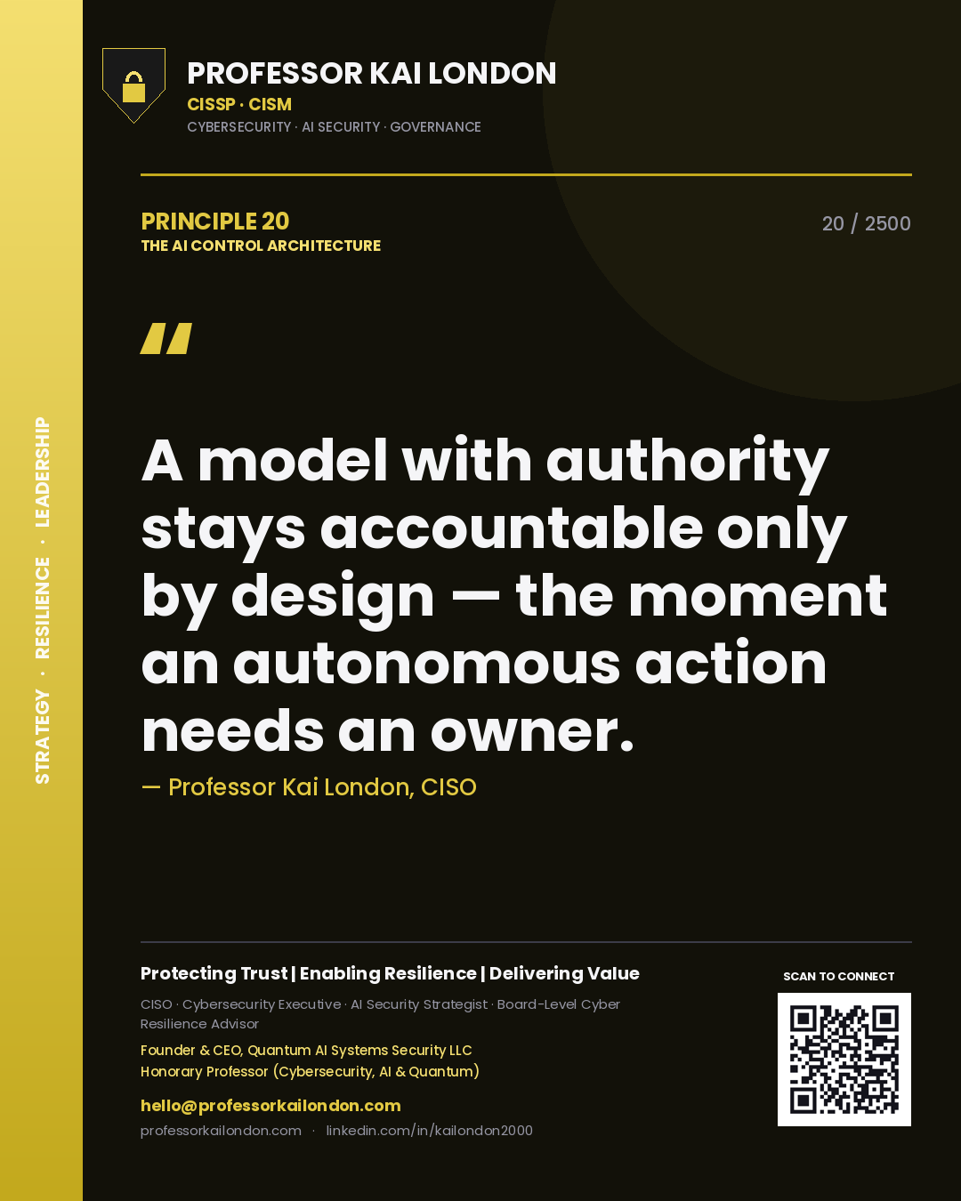 Professor Kai London principle 20: A model with authority stays accountable only by design — the moment an autonomous action needs an owner.