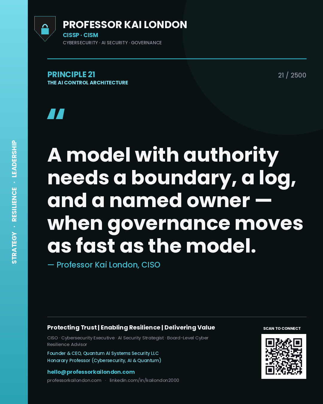 Professor Kai London principle 21: A model with authority needs a boundary, a log, and a named owner — when governance moves as fast as the model.