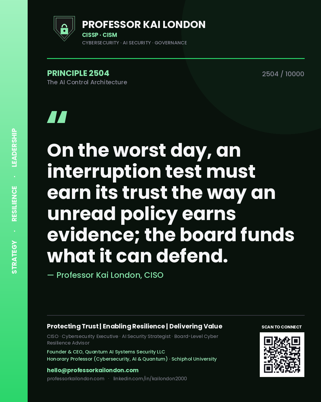 Quote card by Professor Kai London reading 'On the worst day, an interruption test must earn its trust the way an unread policy earns evidence; the board funds what it can defend.'. From the book The AI Control Architecture.