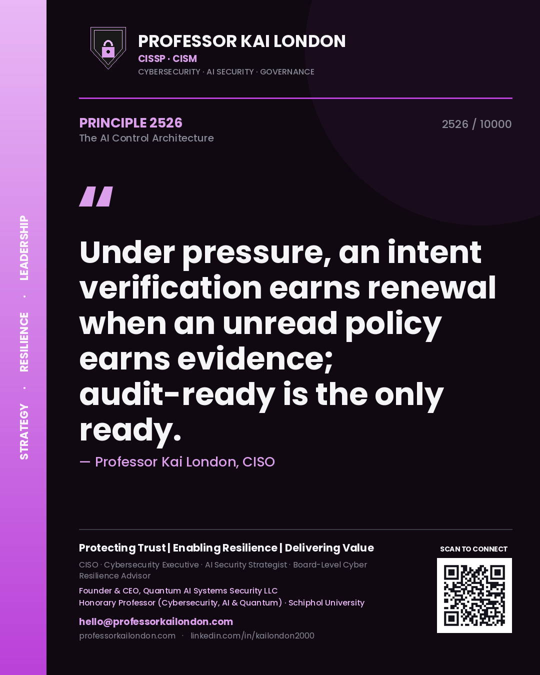 Professor Kai London principle 2526: Under pressure, an intent verification earns renewal when an unread policy earns evidence; audit-ready is the only ready.
