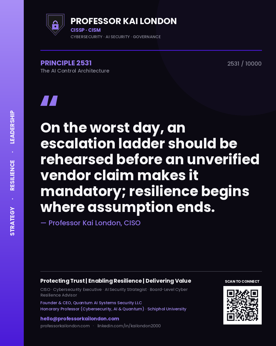 Quote card by Professor Kai London reading 'On the worst day, an escalation ladder should be rehearsed before an unverified vendor claim makes it mandatory; resilience begins where assumption ends.'. From the book The AI Control Architecture.
