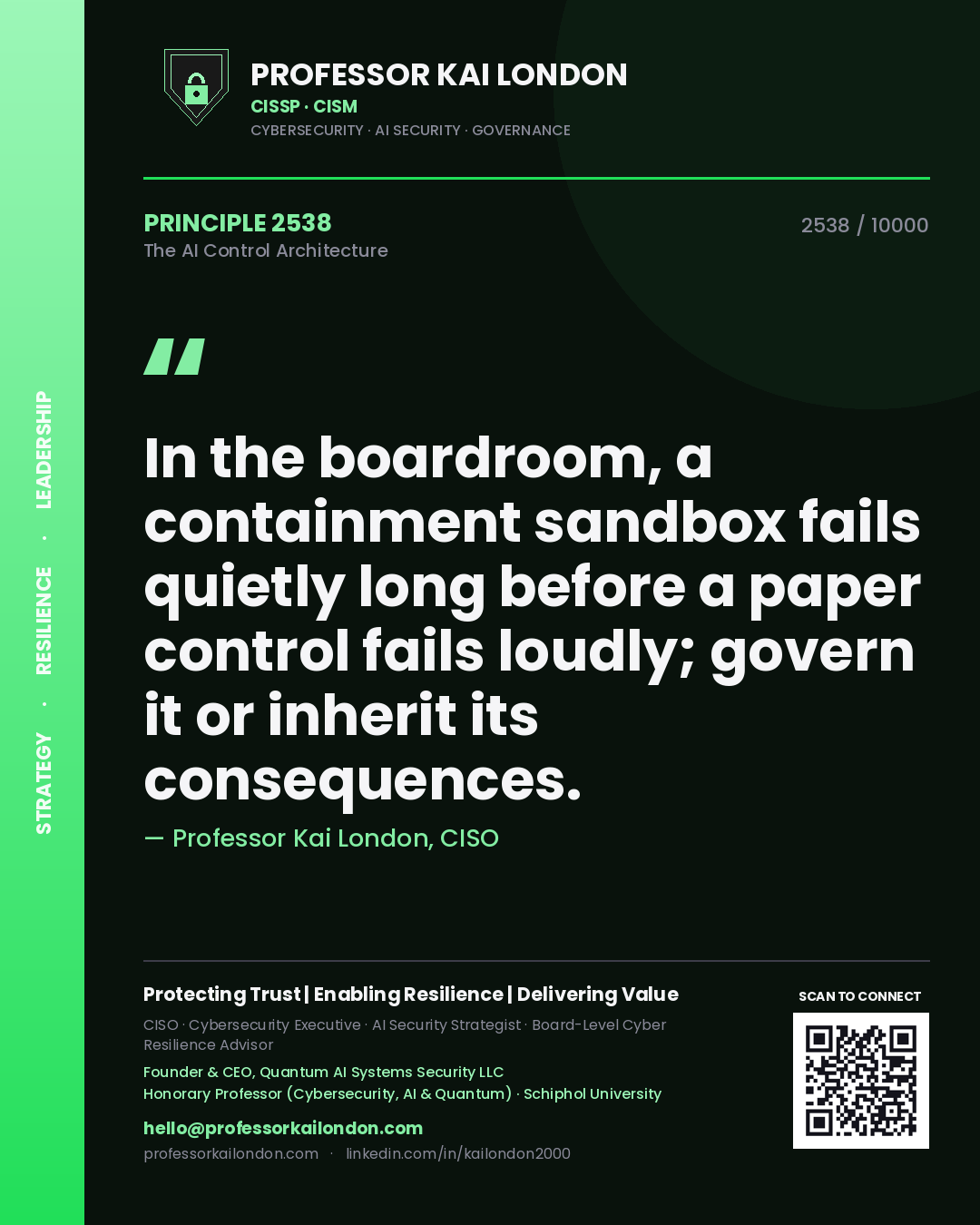 Quote card by Professor Kai London reading 'In the boardroom, a containment sandbox fails quietly long before a paper control fails loudly; govern it or inherit its consequences.'. From the book The AI Control Architecture.