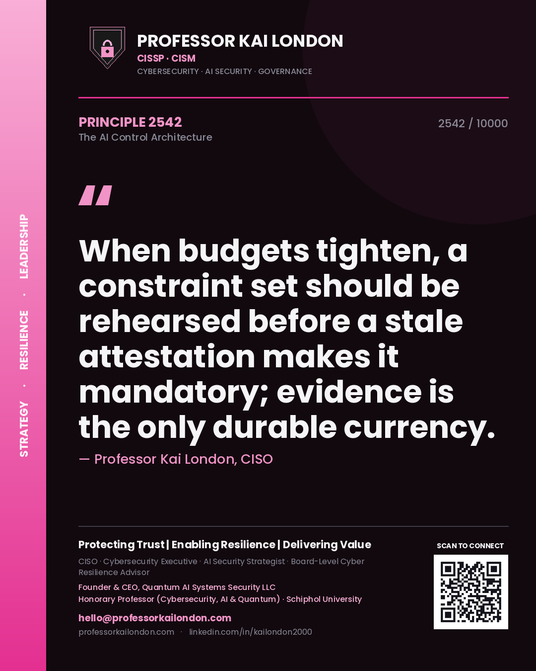 Quote card by Professor Kai London reading 'When budgets tighten, a constraint set should be rehearsed before a stale attestation makes it mandatory; evidence is the only durable currency.'. From the book The AI Control Architecture.
