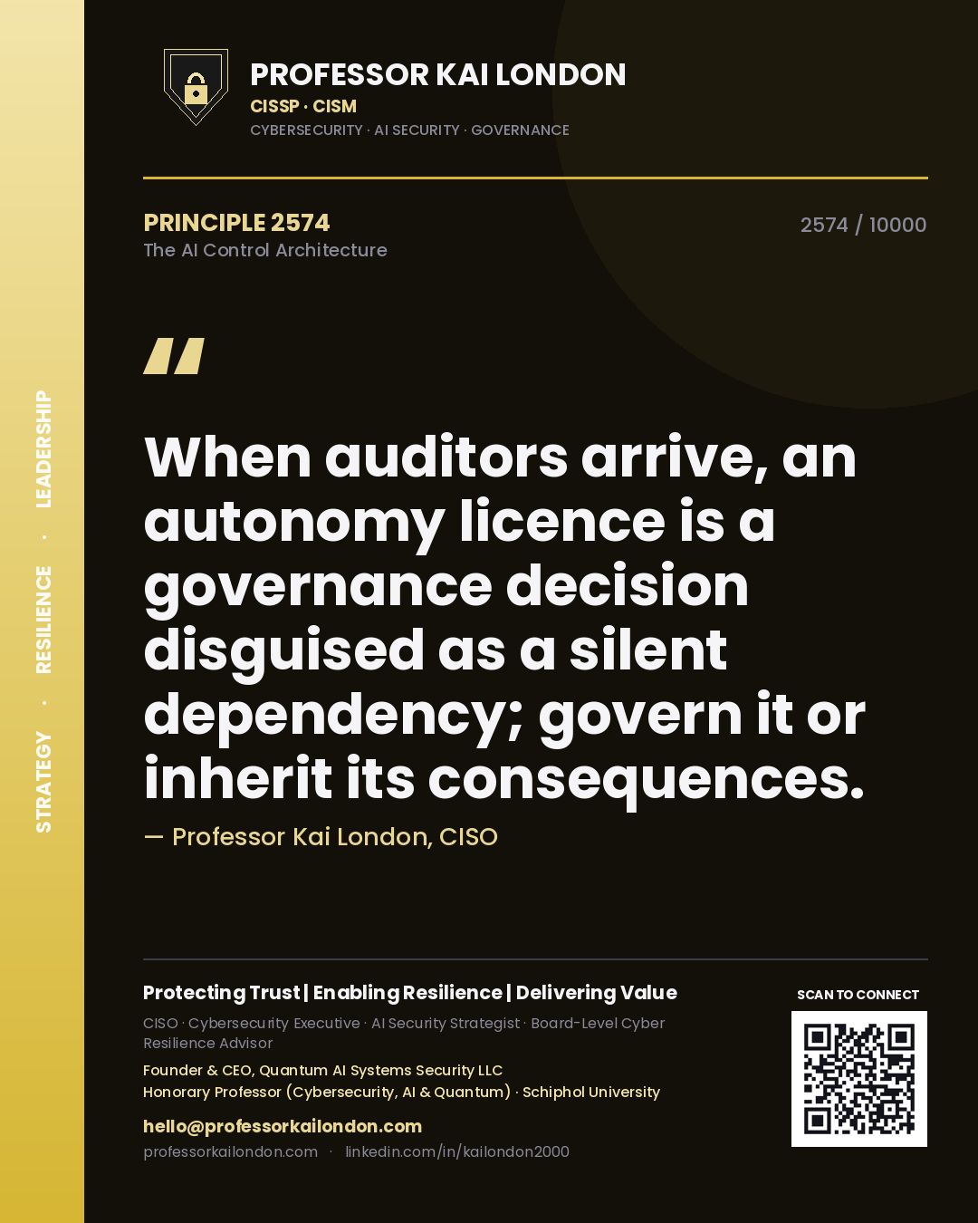 Quote card by Professor Kai London reading 'When auditors arrive, an autonomy licence is a governance decision disguised as a silent dependency; govern it or inherit its consequences.'. From the book The AI Control Architecture.