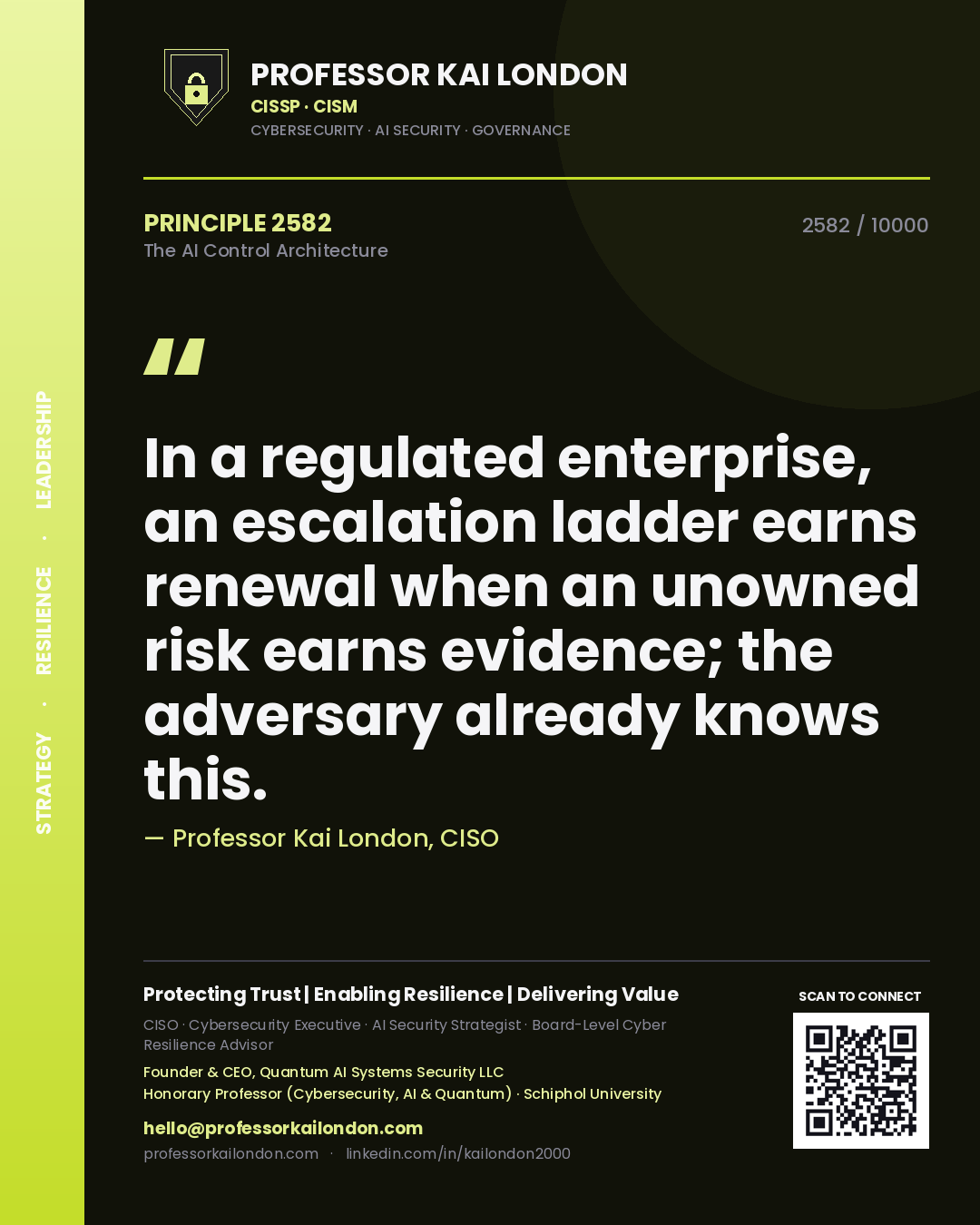 Quote card by Professor Kai London reading 'In a regulated enterprise, an escalation ladder earns renewal when an unowned risk earns evidence; the adversary already knows this.'. From the book The AI Control Architecture.