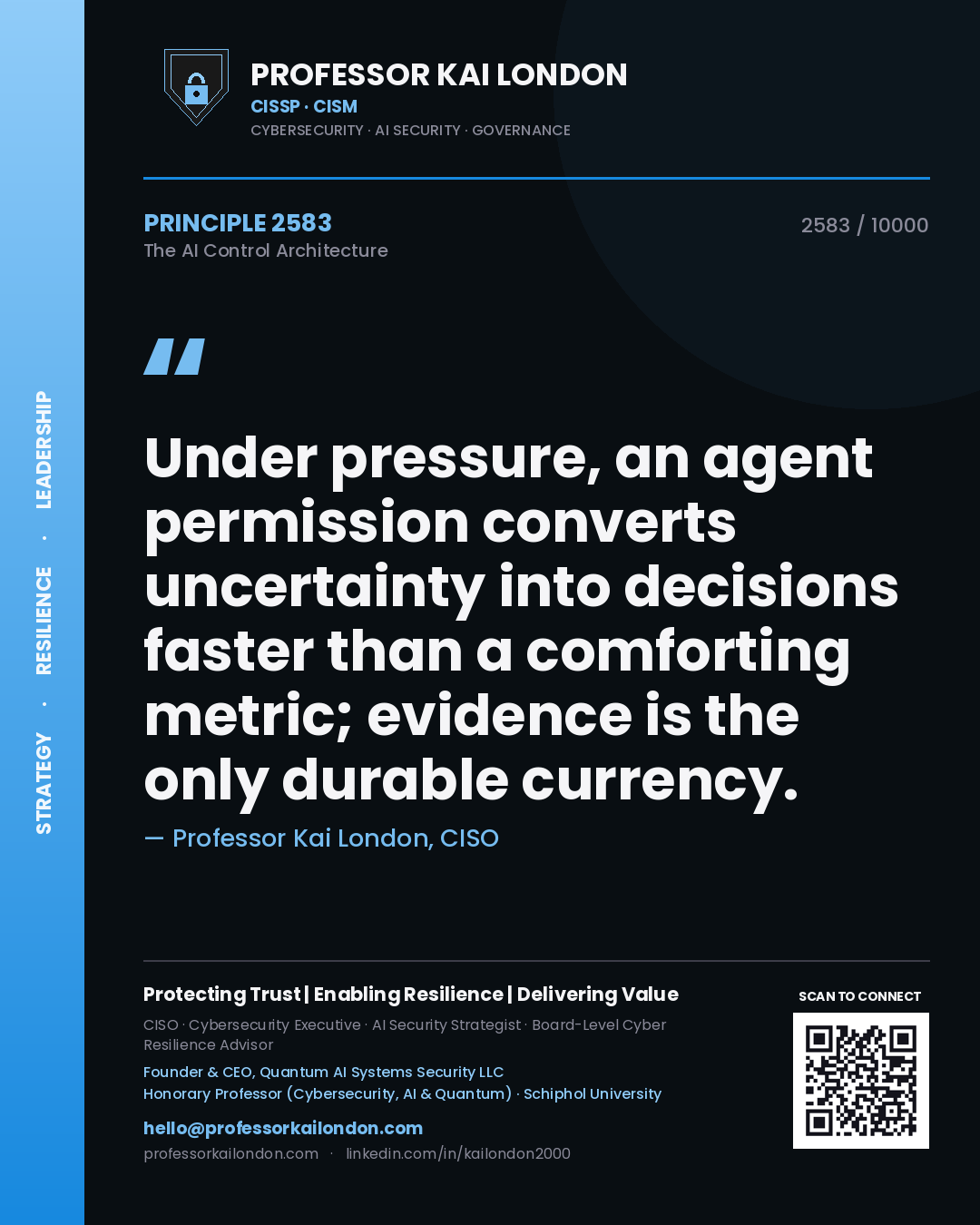 Quote card by Professor Kai London reading 'Under pressure, an agent permission converts uncertainty into decisions faster than a comforting metric; evidence is the only durable currency.'. From the book The AI Control Architecture.