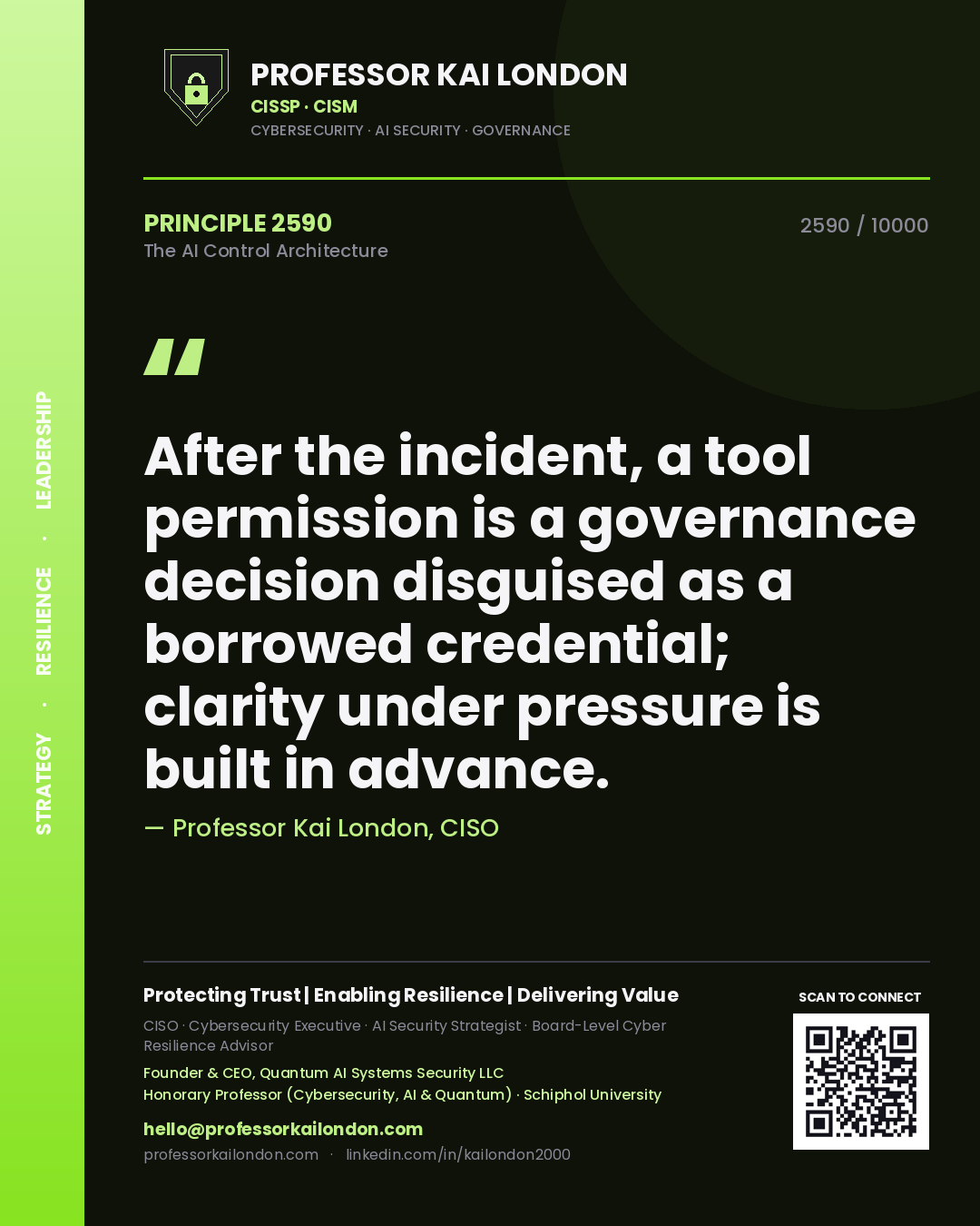 Professor Kai London principle 2590: After the incident, a tool permission is a governance decision disguised as a borrowed credential; clarity under pressure is built in advance.