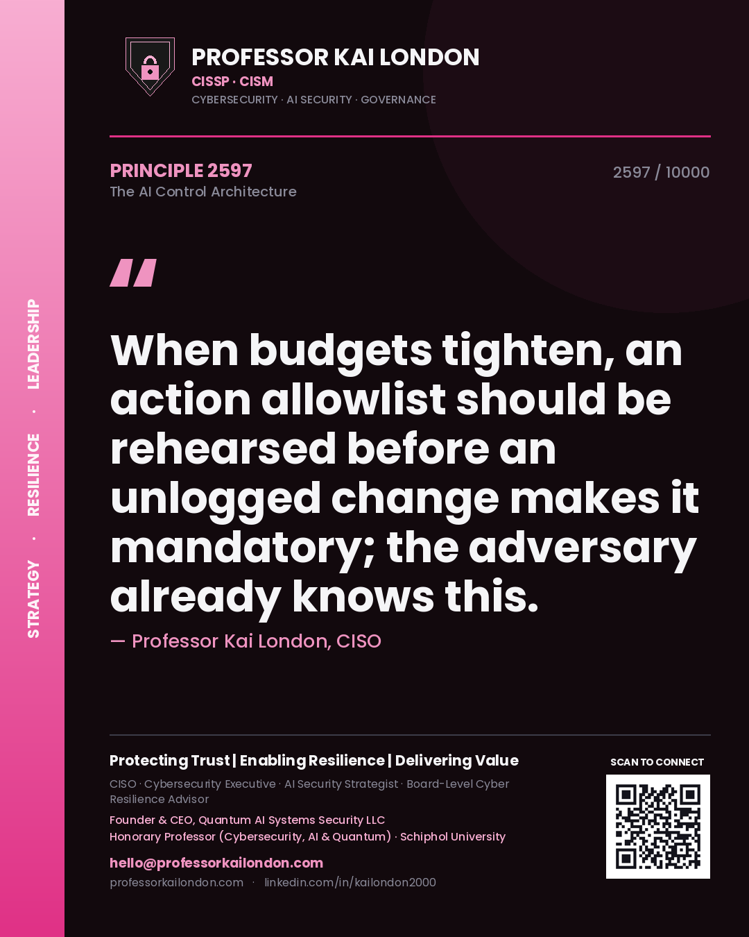 Professor Kai London principle 2597: When budgets tighten, an action allowlist should be rehearsed before an unlogged change makes it mandatory; the adversary already knows this.