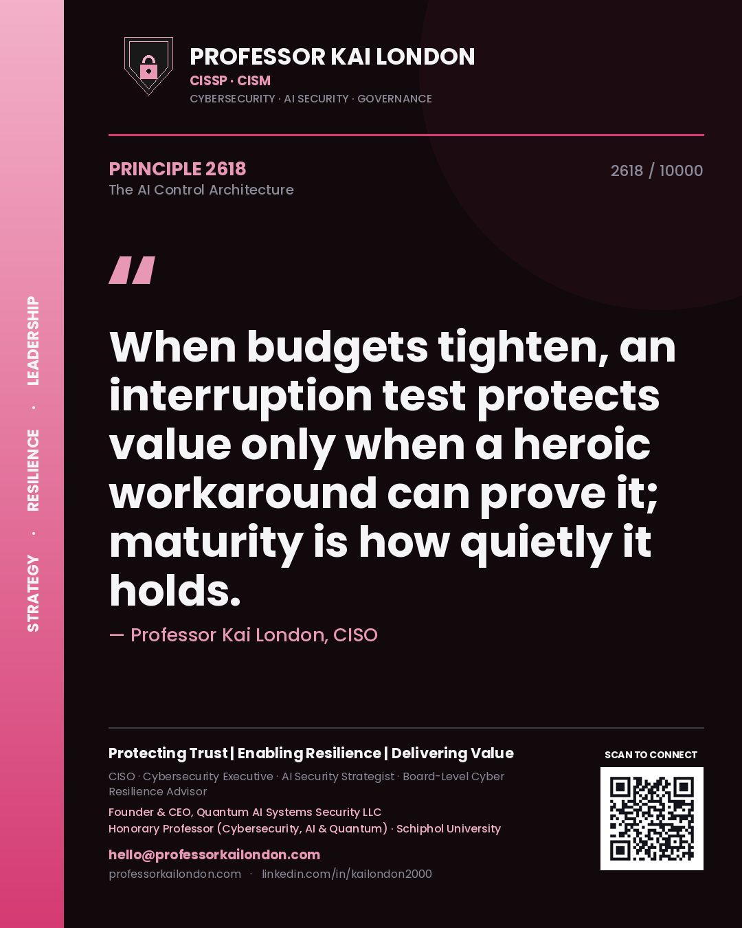 Professor Kai London principle 2618: When budgets tighten, an interruption test protects value only when a heroic workaround can prove it; maturity is how quietly it holds.