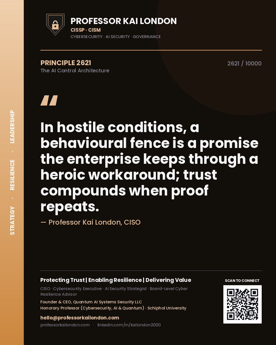 Quote card by Professor Kai London reading 'In hostile conditions, a behavioural fence is a promise the enterprise keeps through a heroic workaround; trust compounds when proof repeats.'. From the book The AI Control Architecture.