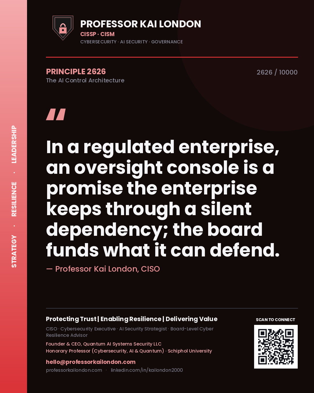 Quote card by Professor Kai London reading 'In a regulated enterprise, an oversight console is a promise the enterprise keeps through a silent dependency; the board funds what it can defend.'. From the book The AI Control Architecture.