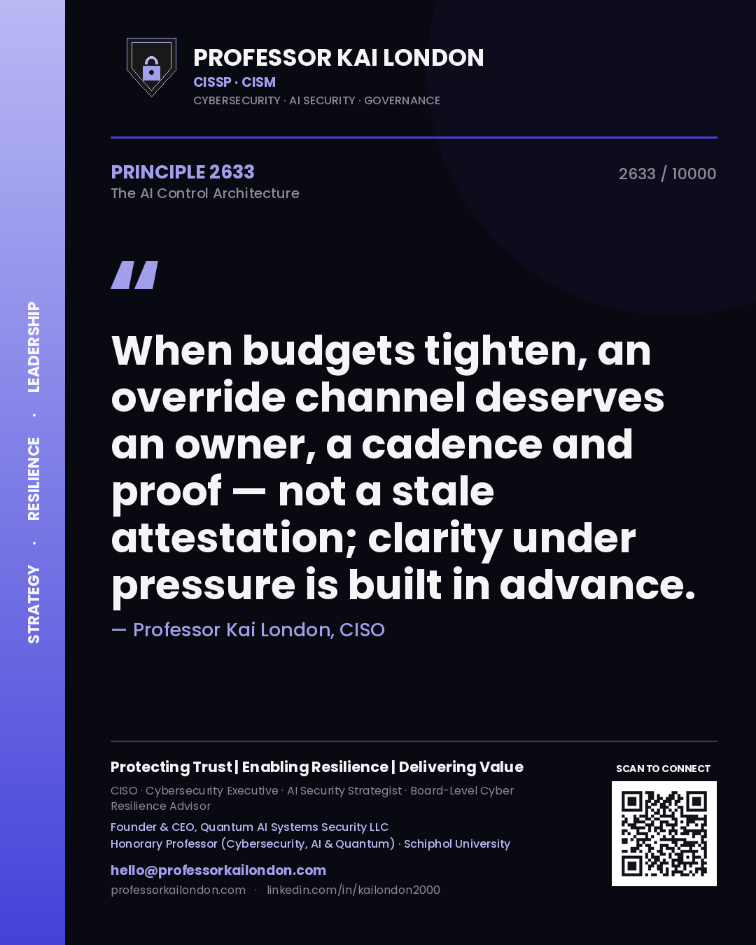 Professor Kai London principle 2633: When budgets tighten, an override channel deserves an owner, a cadence and proof — not a stale attestation; clarity under pressure is built in advance.