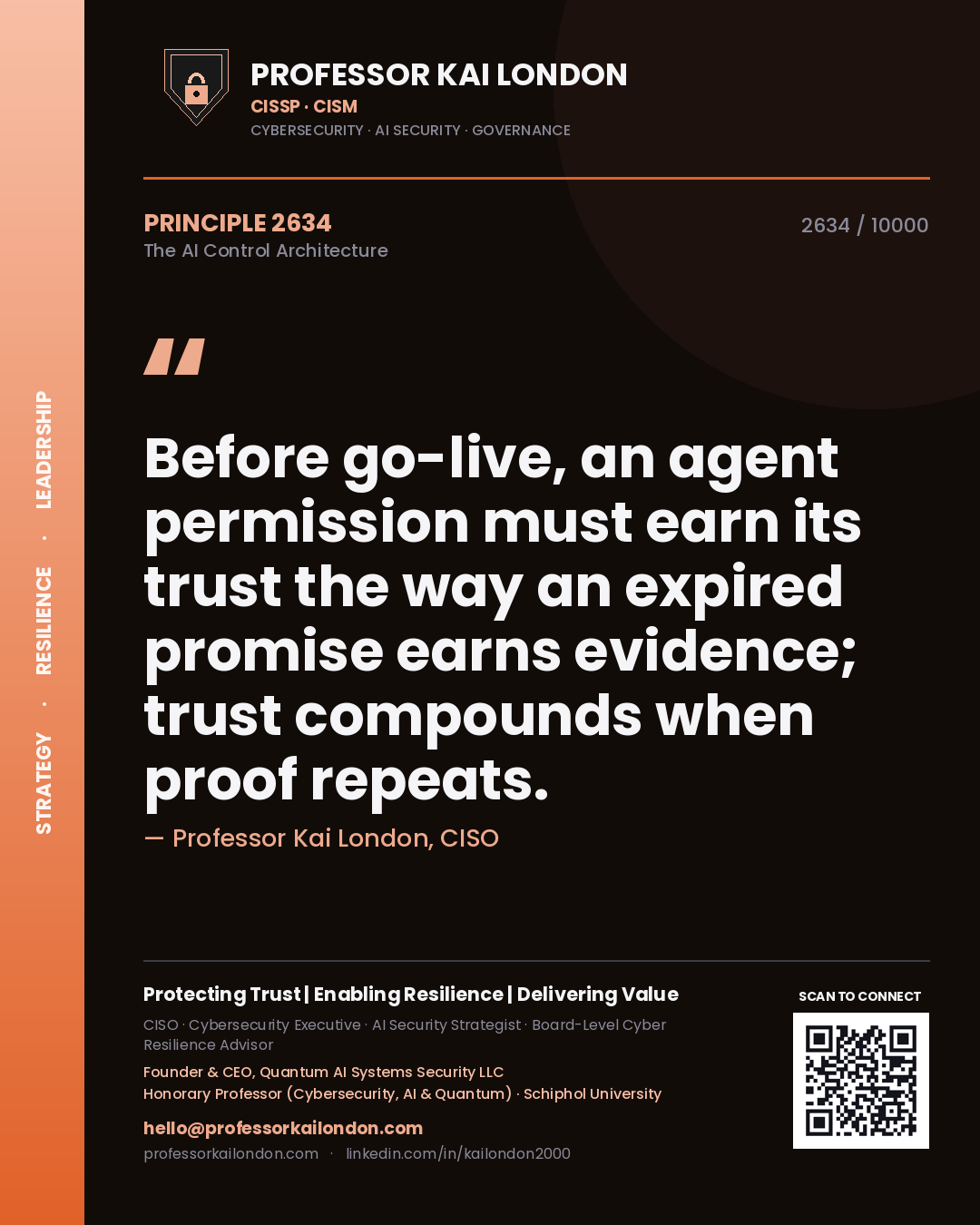 Quote card by Professor Kai London reading 'Before go-live, an agent permission must earn its trust the way an expired promise earns evidence; trust compounds when proof repeats.'. From the book The AI Control Architecture.