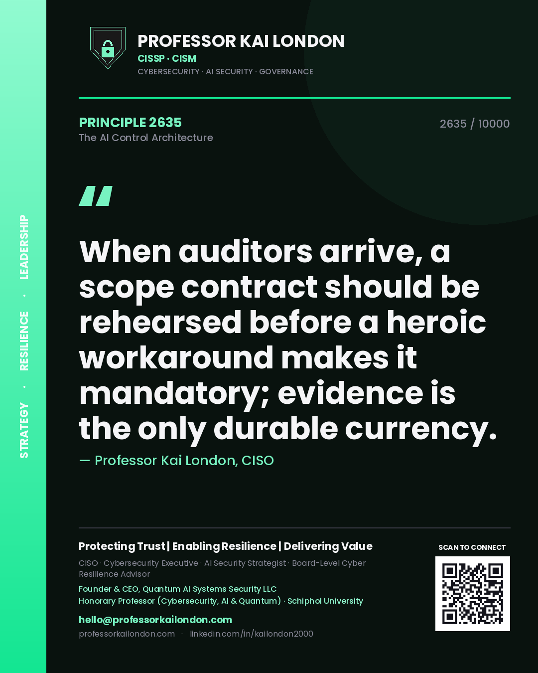Professor Kai London principle 2635: When auditors arrive, a scope contract should be rehearsed before a heroic workaround makes it mandatory; evidence is the only durable currency.