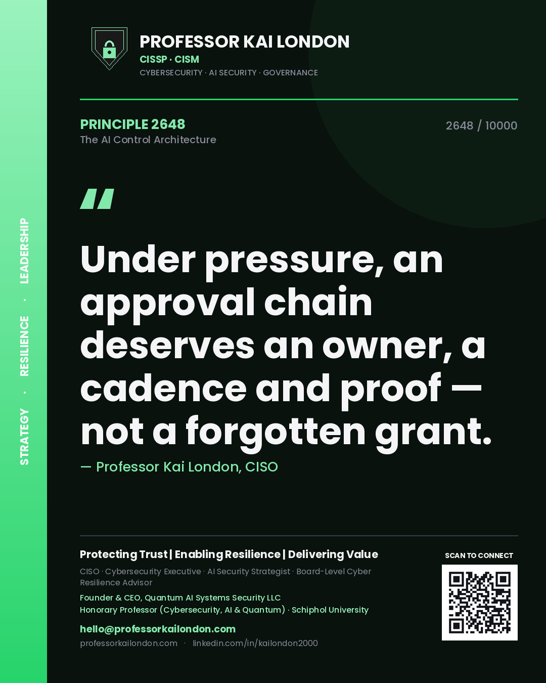 Quote card by Professor Kai London reading 'Under pressure, an approval chain deserves an owner, a cadence and proof — not a forgotten grant.'. From the book The AI Control Architecture.