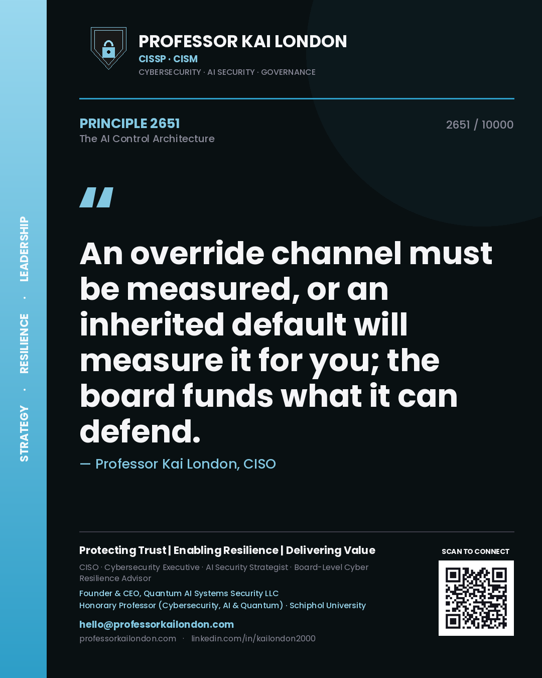 Quote card by Professor Kai London reading 'An override channel must be measured, or an inherited default will measure it for you; the board funds what it can defend.'. From the book The AI Control Architecture.