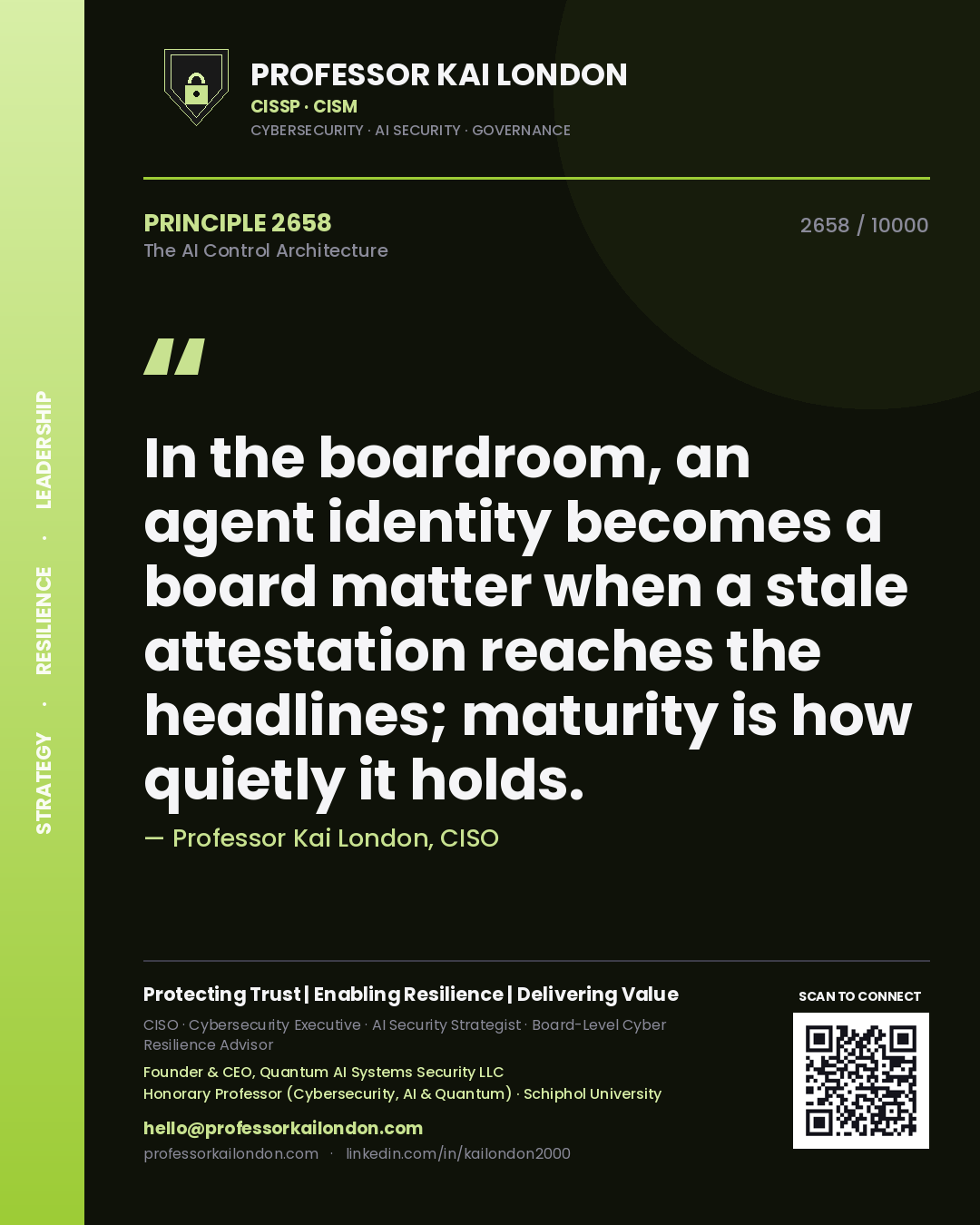 Professor Kai London principle 2658: In the boardroom, an agent identity becomes a board matter when a stale attestation reaches the headlines; maturity is how quietly it holds.