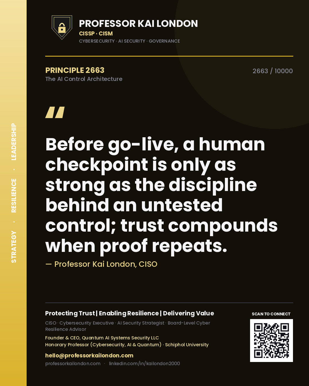 Quote card by Professor Kai London reading 'Before go-live, a human checkpoint is only as strong as the discipline behind an untested control; trust compounds when proof repeats.'. From the book The AI Control Architecture.