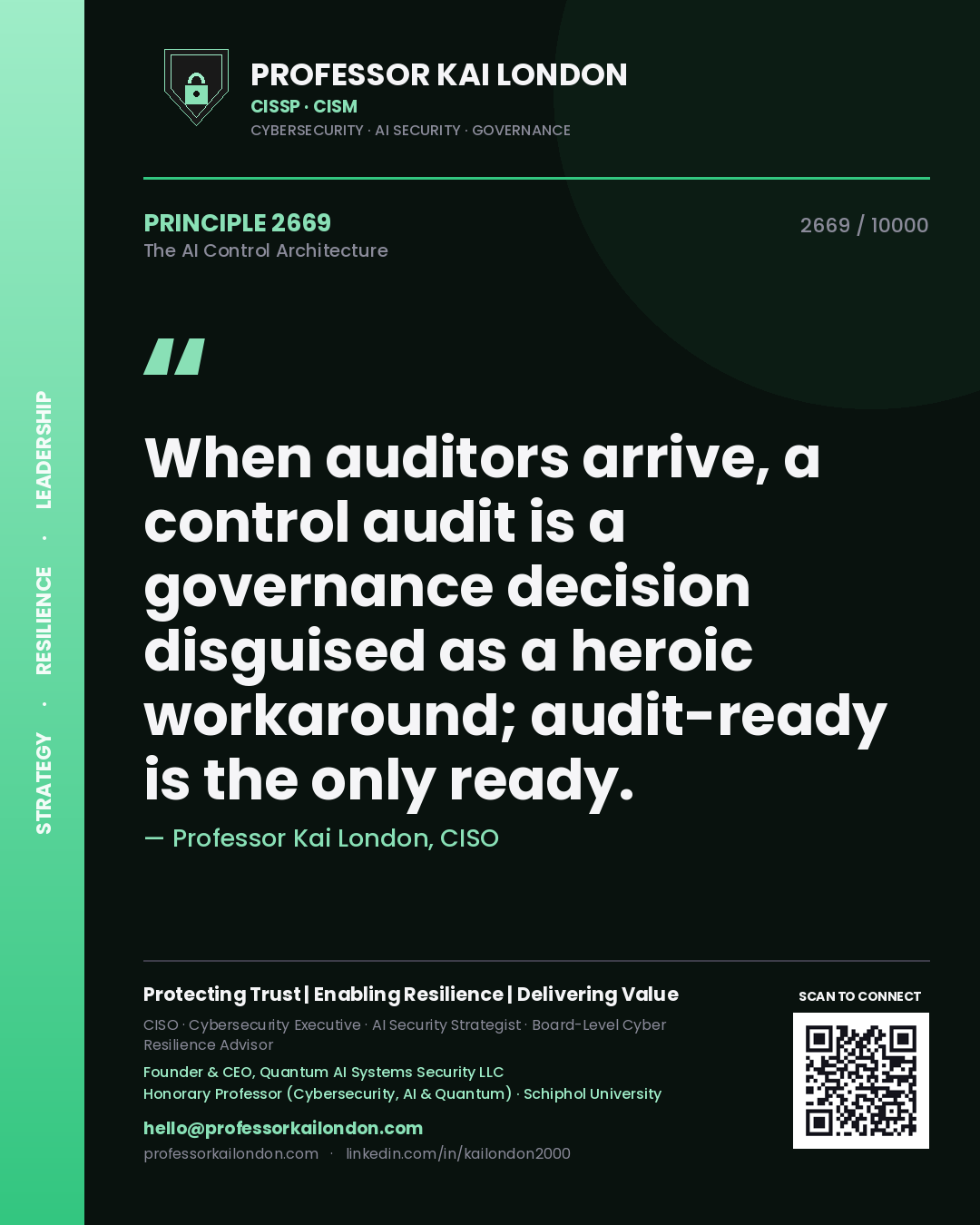 Professor Kai London principle 2669: When auditors arrive, a control audit is a governance decision disguised as a heroic workaround; audit-ready is the only ready.