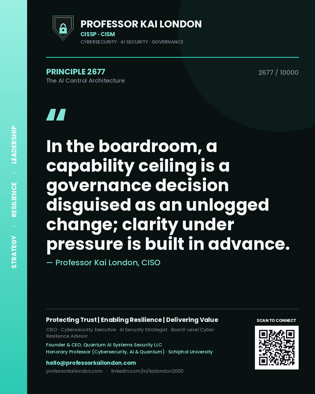 Quote card by Professor Kai London reading 'In the boardroom, a capability ceiling is a governance decision disguised as an unlogged change; clarity under pressure is built in advance.'. From the book The AI Control Architecture.