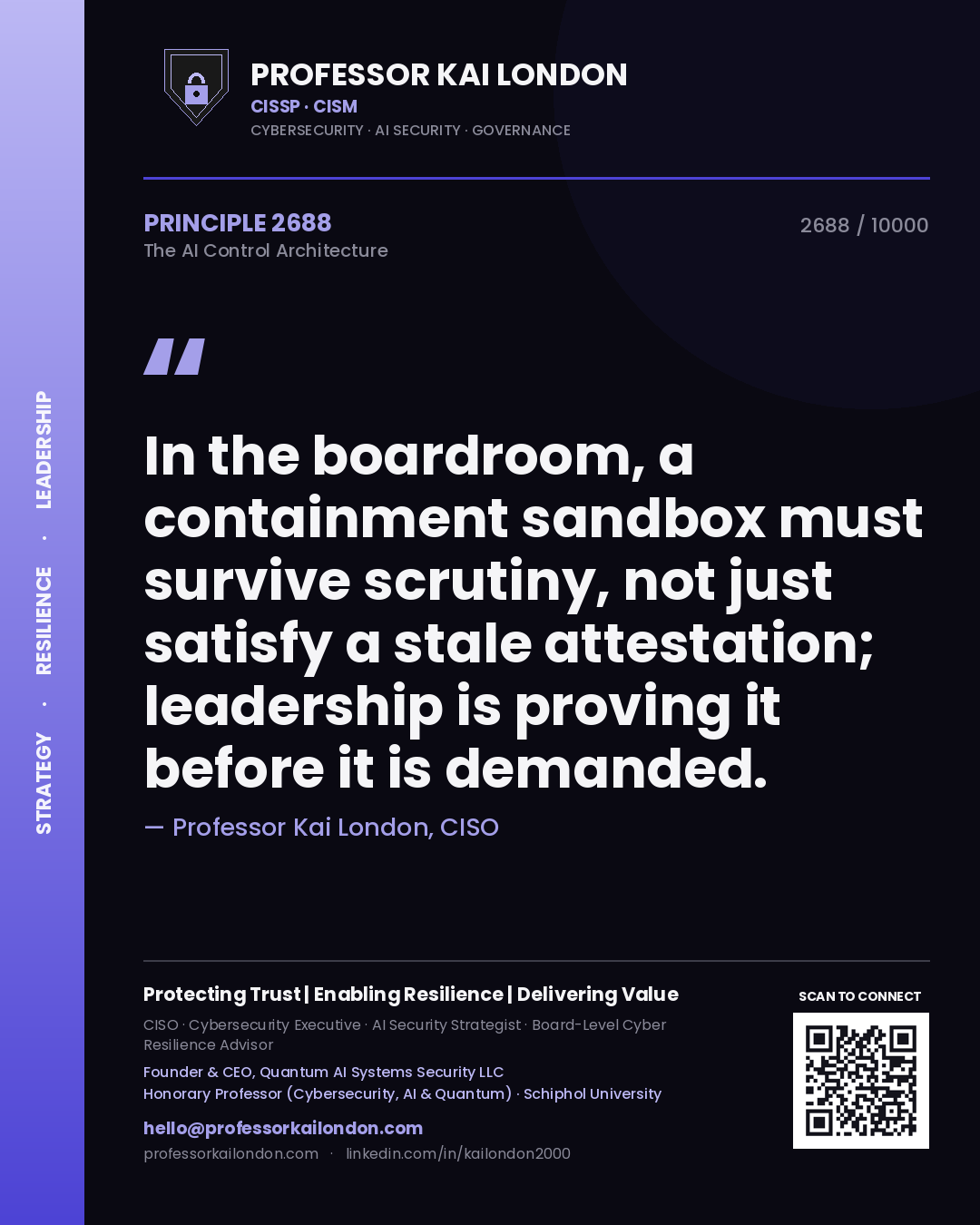 Quote card by Professor Kai London reading 'In the boardroom, a containment sandbox must survive scrutiny, not just satisfy a stale attestation; leadership is proving it before it is demanded.'. From the book The AI Control Architecture.
