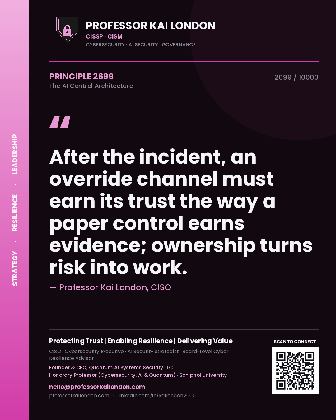 Quote card by Professor Kai London reading 'After the incident, an override channel must earn its trust the way a paper control earns evidence; ownership turns risk into work.'. From the book The AI Control Architecture.
