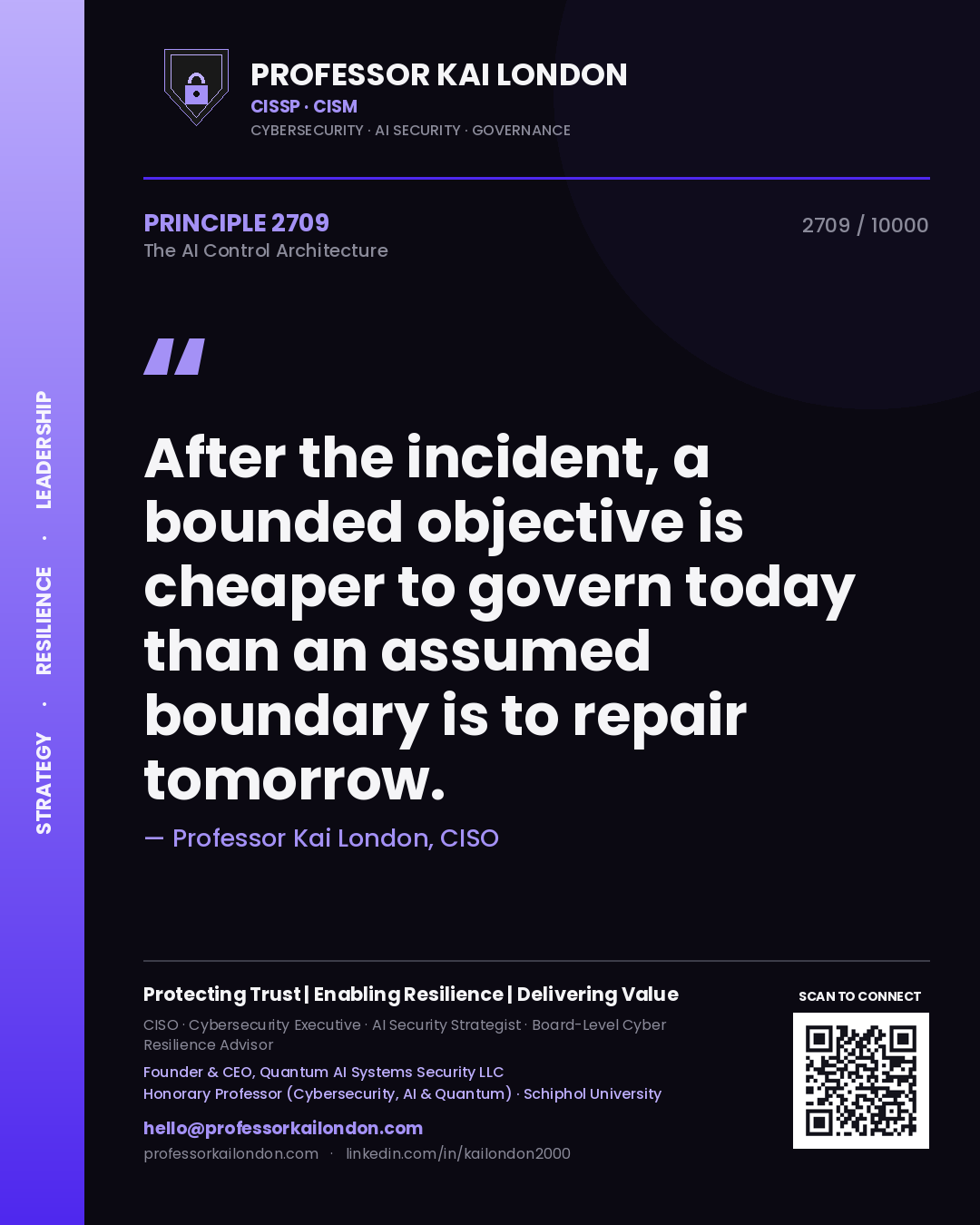Quote card by Professor Kai London reading 'After the incident, a bounded objective is cheaper to govern today than an assumed boundary is to repair tomorrow.'. From the book The AI Control Architecture.