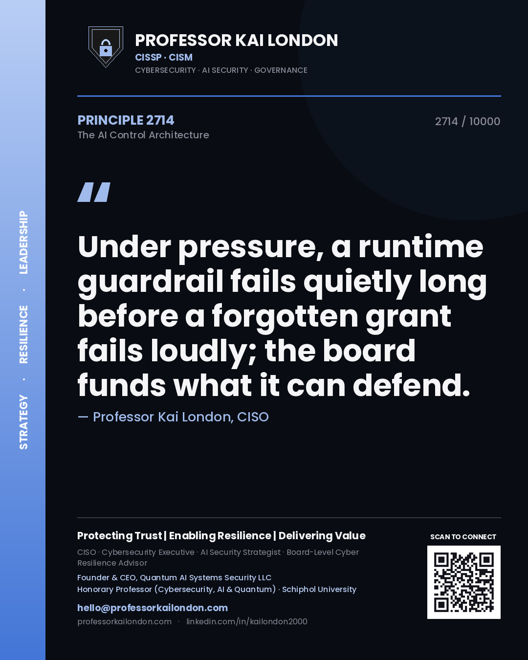 Quote card by Professor Kai London reading 'Under pressure, a runtime guardrail fails quietly long before a forgotten grant fails loudly; the board funds what it can defend.'. From the book The AI Control Architecture.