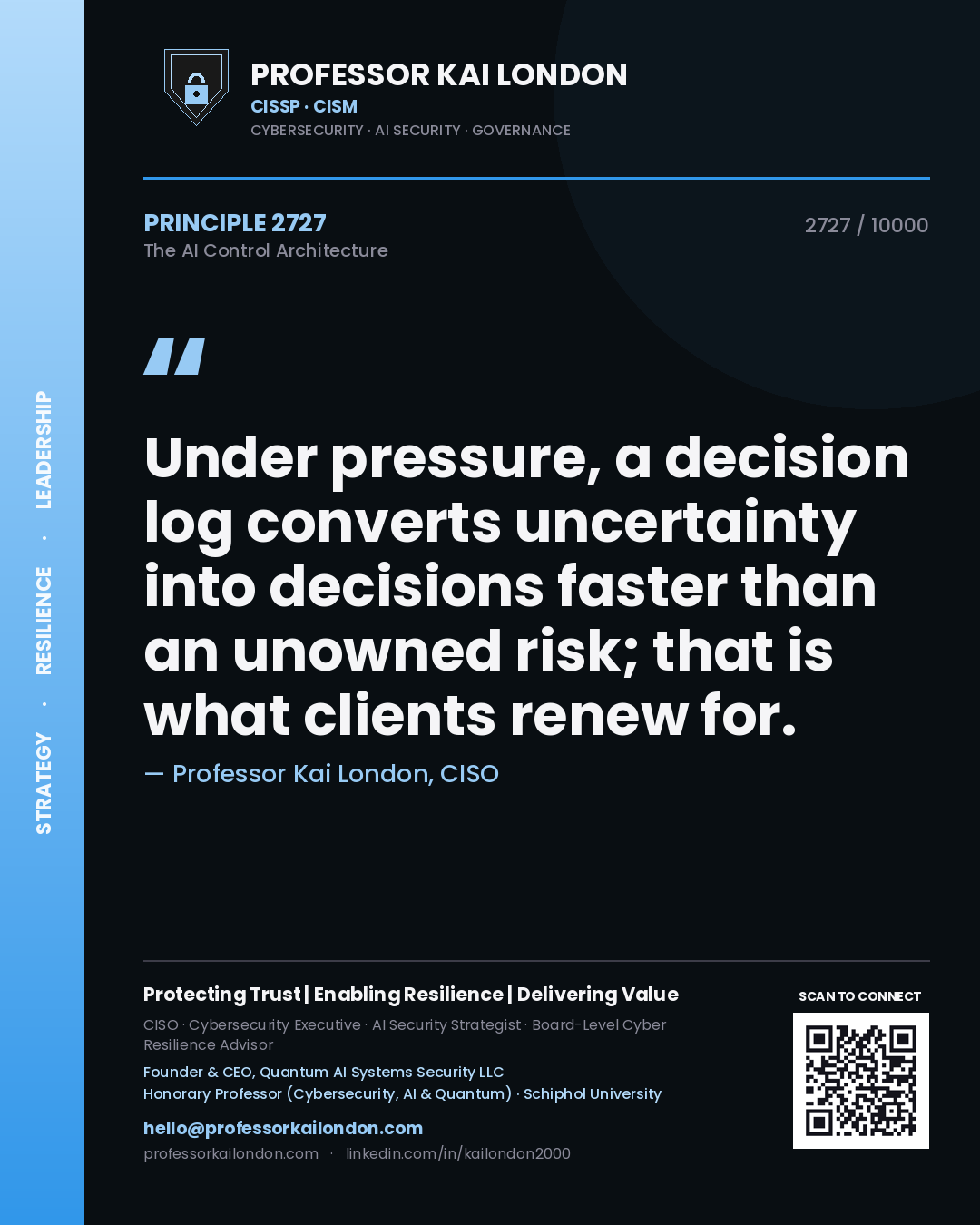 Professor Kai London principle 2727: Under pressure, a decision log converts uncertainty into decisions faster than an unowned risk; that is what clients renew for.