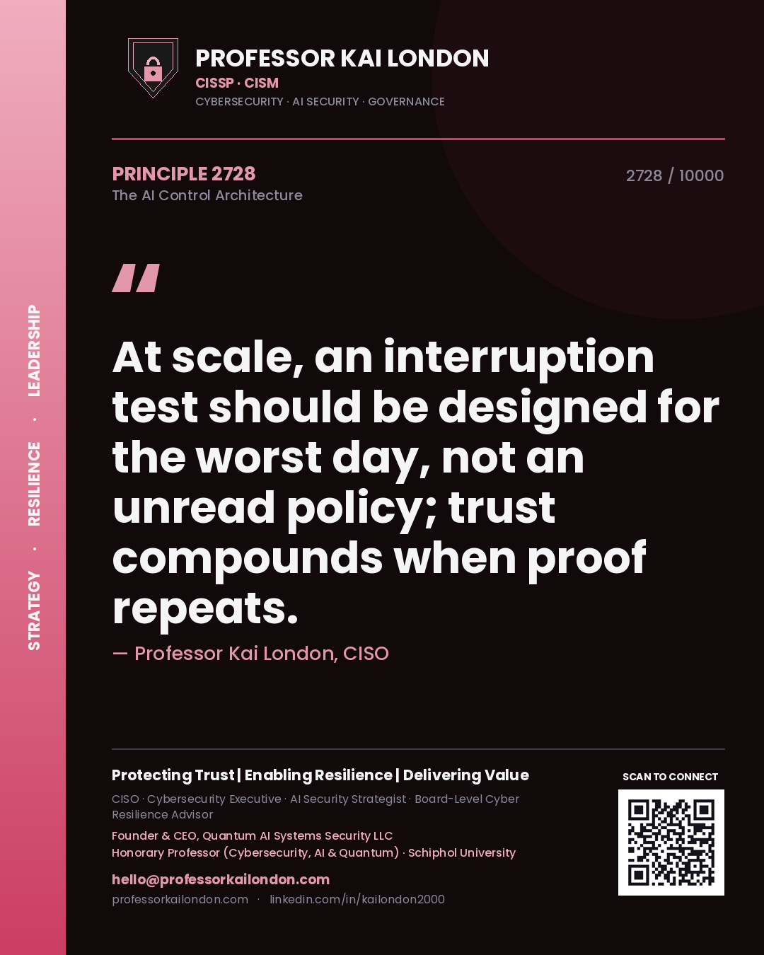 Professor Kai London principle 2728: At scale, an interruption test should be designed for the worst day, not an unread policy; trust compounds when proof repeats.