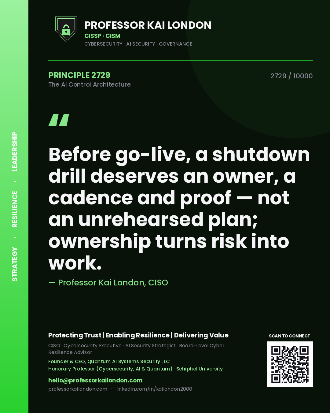 Professor Kai London principle 2729: Before go-live, a shutdown drill deserves an owner, a cadence and proof — not an unrehearsed plan; ownership turns risk into work.