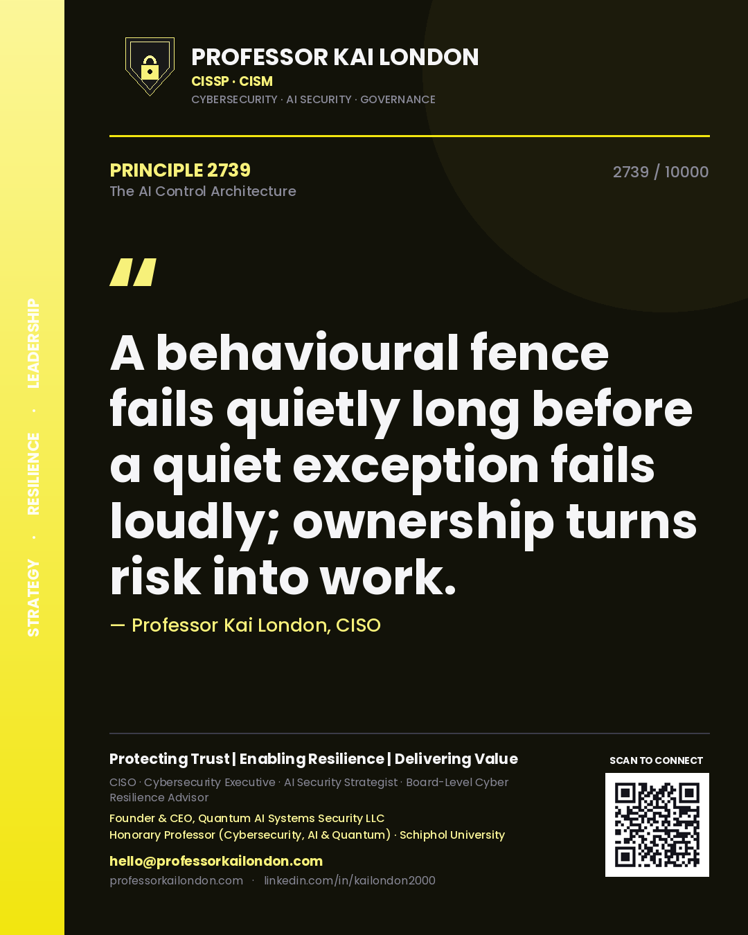 Professor Kai London principle 2739: A behavioural fence fails quietly long before a quiet exception fails loudly; ownership turns risk into work.