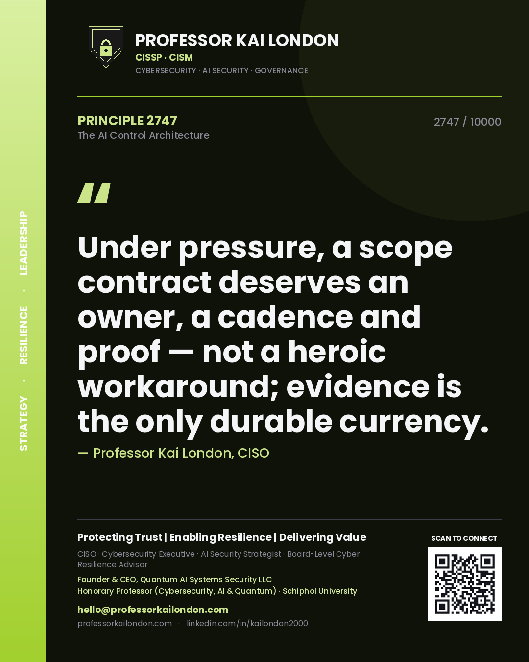 Quote card by Professor Kai London reading 'Under pressure, a scope contract deserves an owner, a cadence and proof — not a heroic workaround; evidence is the only durable currency.'. From the book The AI Control Architecture.