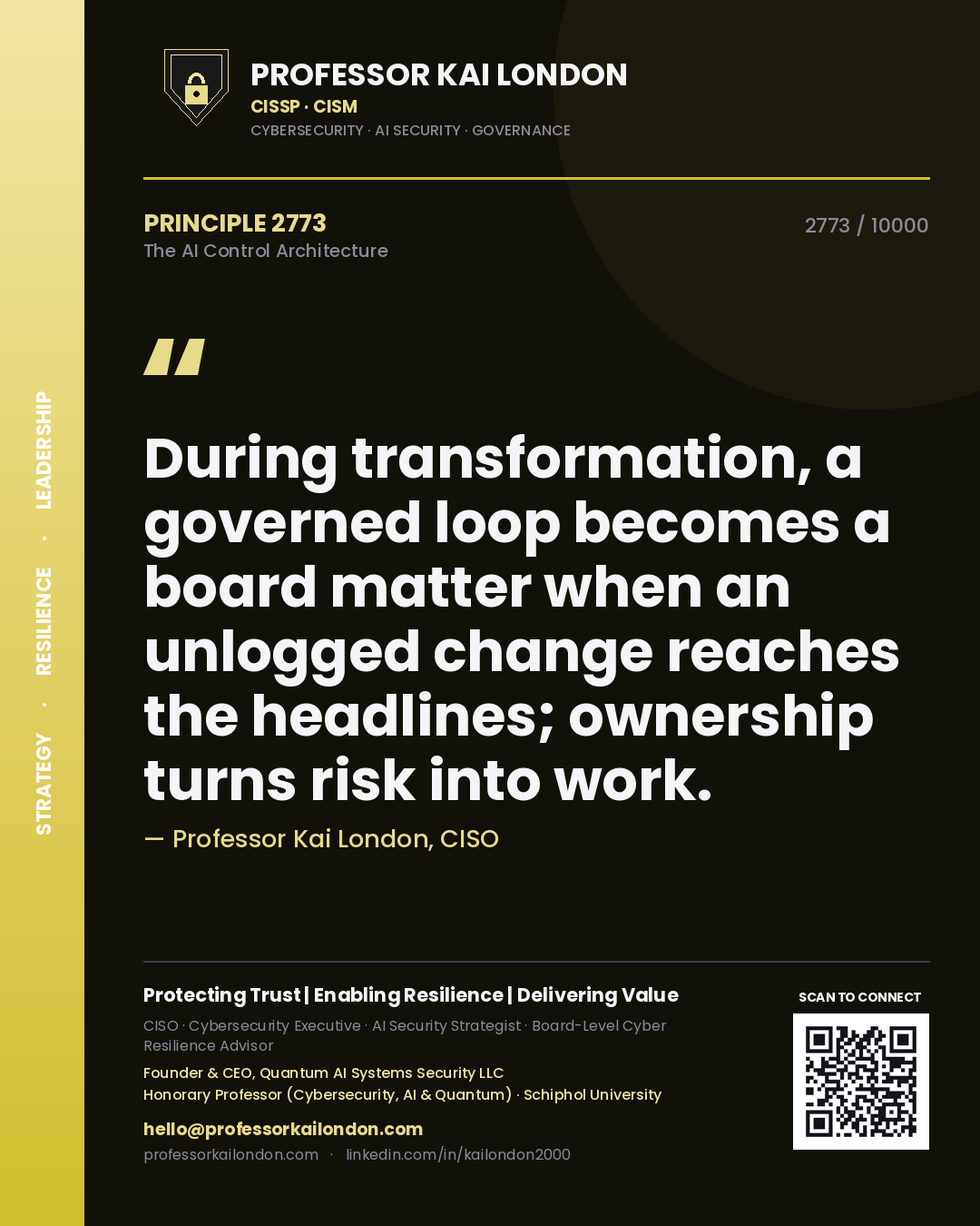 Professor Kai London principle 2773: During transformation, a governed loop becomes a board matter when an unlogged change reaches the headlines; ownership turns risk into work.