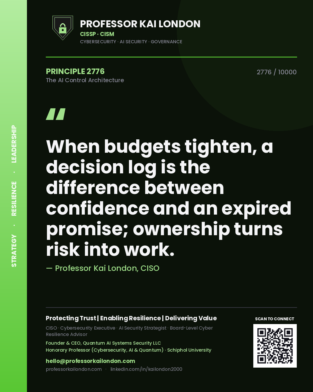 Quote card by Professor Kai London reading 'When budgets tighten, a decision log is the difference between confidence and an expired promise; ownership turns risk into work.'. From the book The AI Control Architecture.