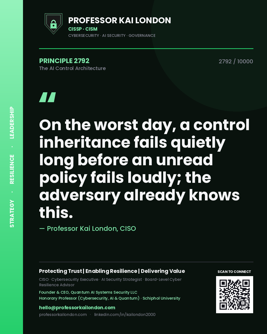 Professor Kai London principle 2792: On the worst day, a control inheritance fails quietly long before an unread policy fails loudly; the adversary already knows this.