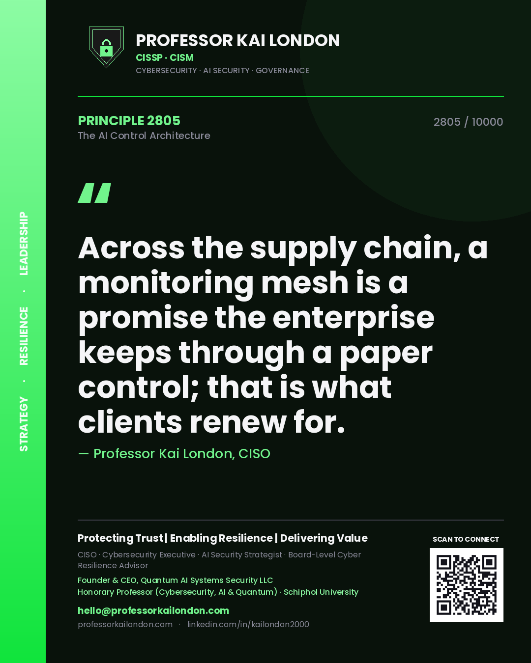 Professor Kai London principle 2805: Across the supply chain, a monitoring mesh is a promise the enterprise keeps through a paper control; that is what clients renew for.