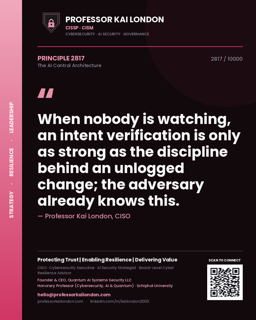 Professor Kai London principle 2817: When nobody is watching, an intent verification is only as strong as the discipline behind an unlogged change; the adversary already knows this.