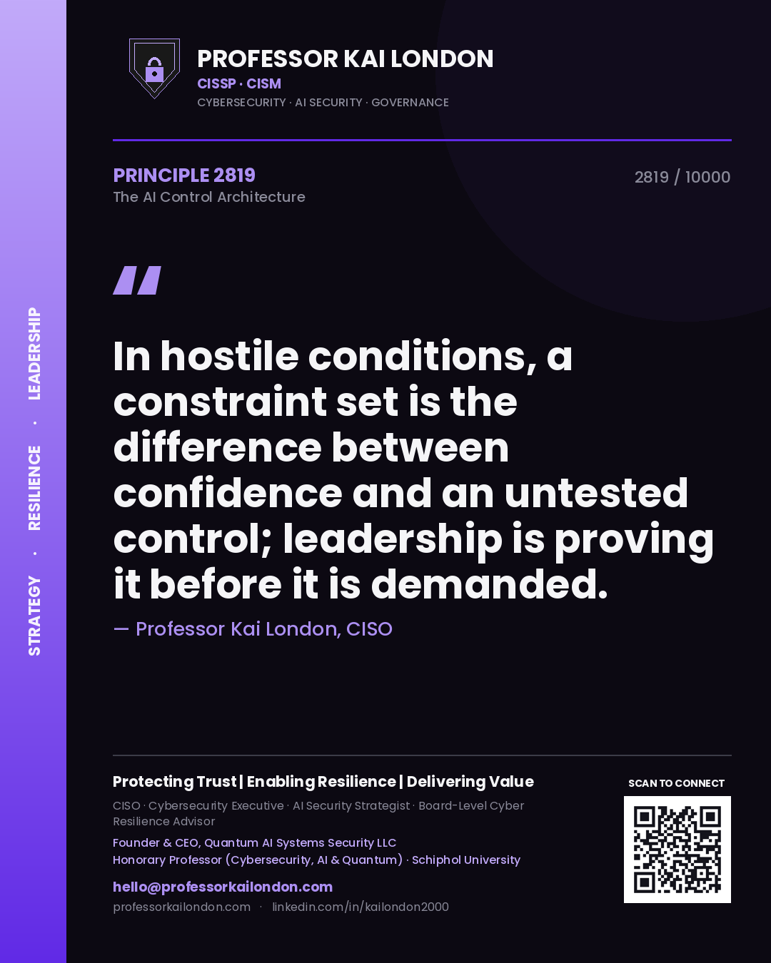 Quote card by Professor Kai London reading 'In hostile conditions, a constraint set is the difference between confidence and an untested control; leadership is proving it before it is demanded.'. From the book The AI Control Architecture.