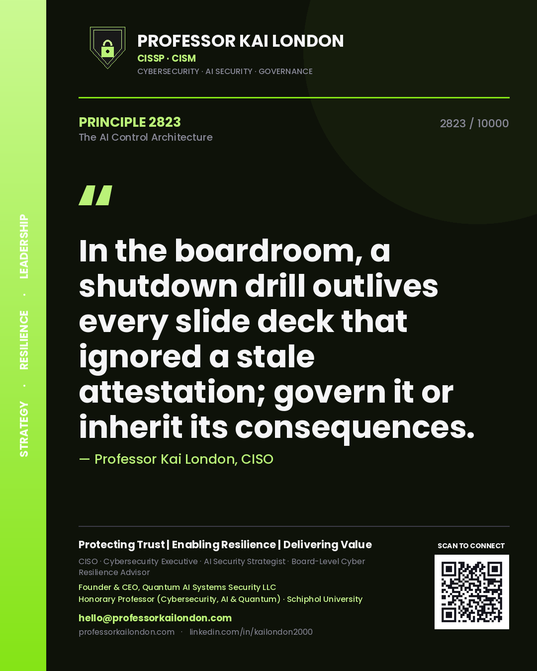 Quote card by Professor Kai London reading 'In the boardroom, a shutdown drill outlives every slide deck that ignored a stale attestation; govern it or inherit its consequences.'. From the book The AI Control Architecture.