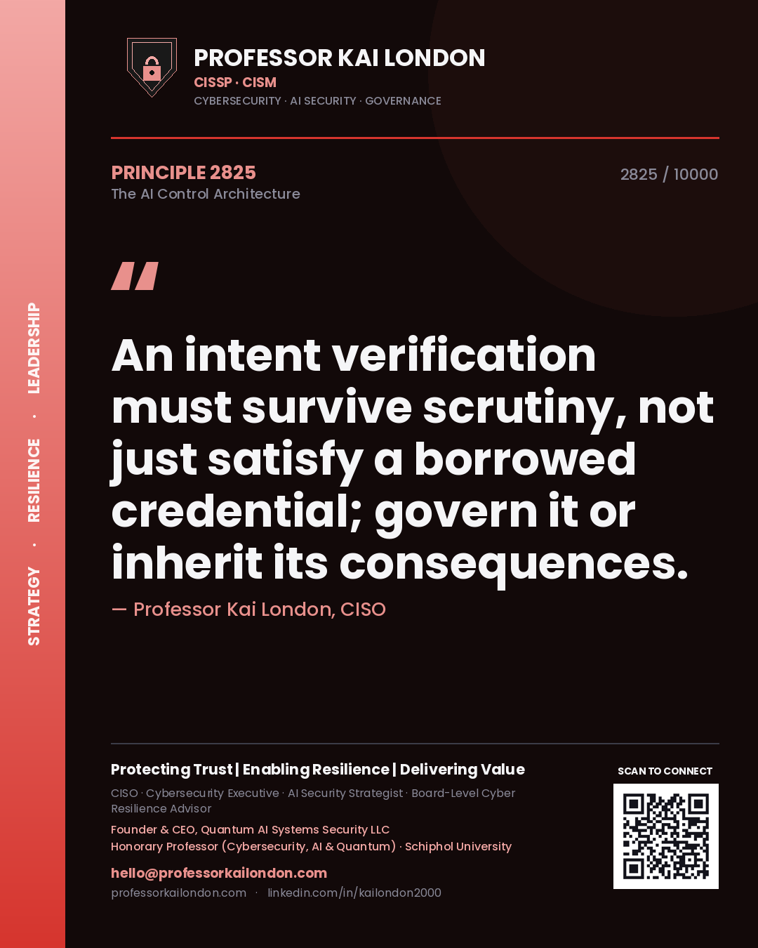 Professor Kai London principle 2825: An intent verification must survive scrutiny, not just satisfy a borrowed credential; govern it or inherit its consequences.