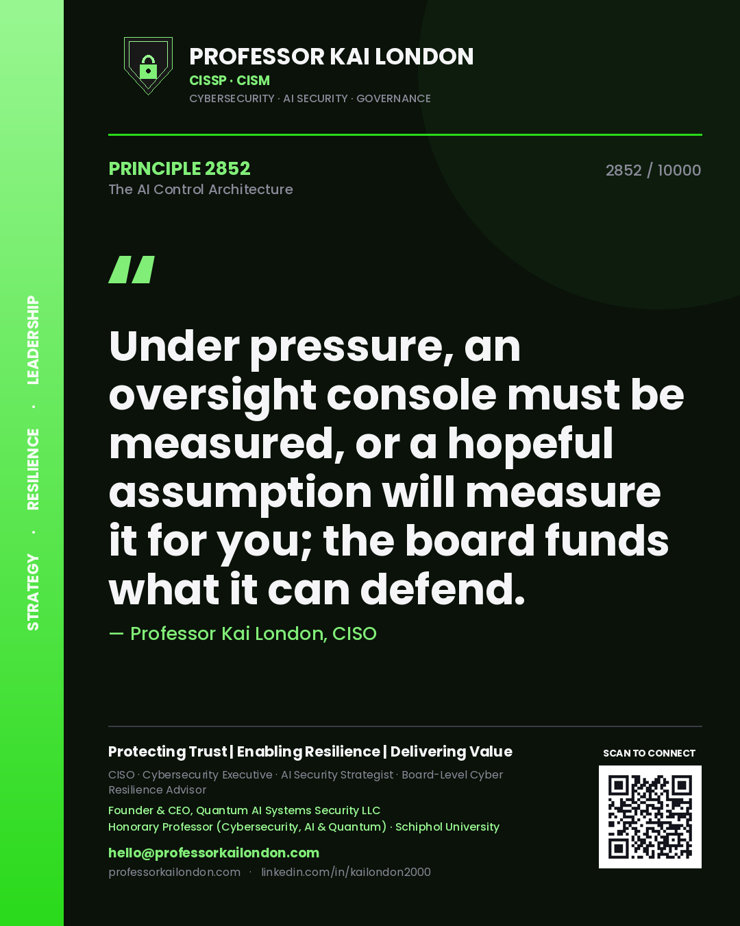 Quote card by Professor Kai London reading 'Under pressure, an oversight console must be measured, or a hopeful assumption will measure it for you; the board funds what it can defend.'. From the book The AI Control Architecture.