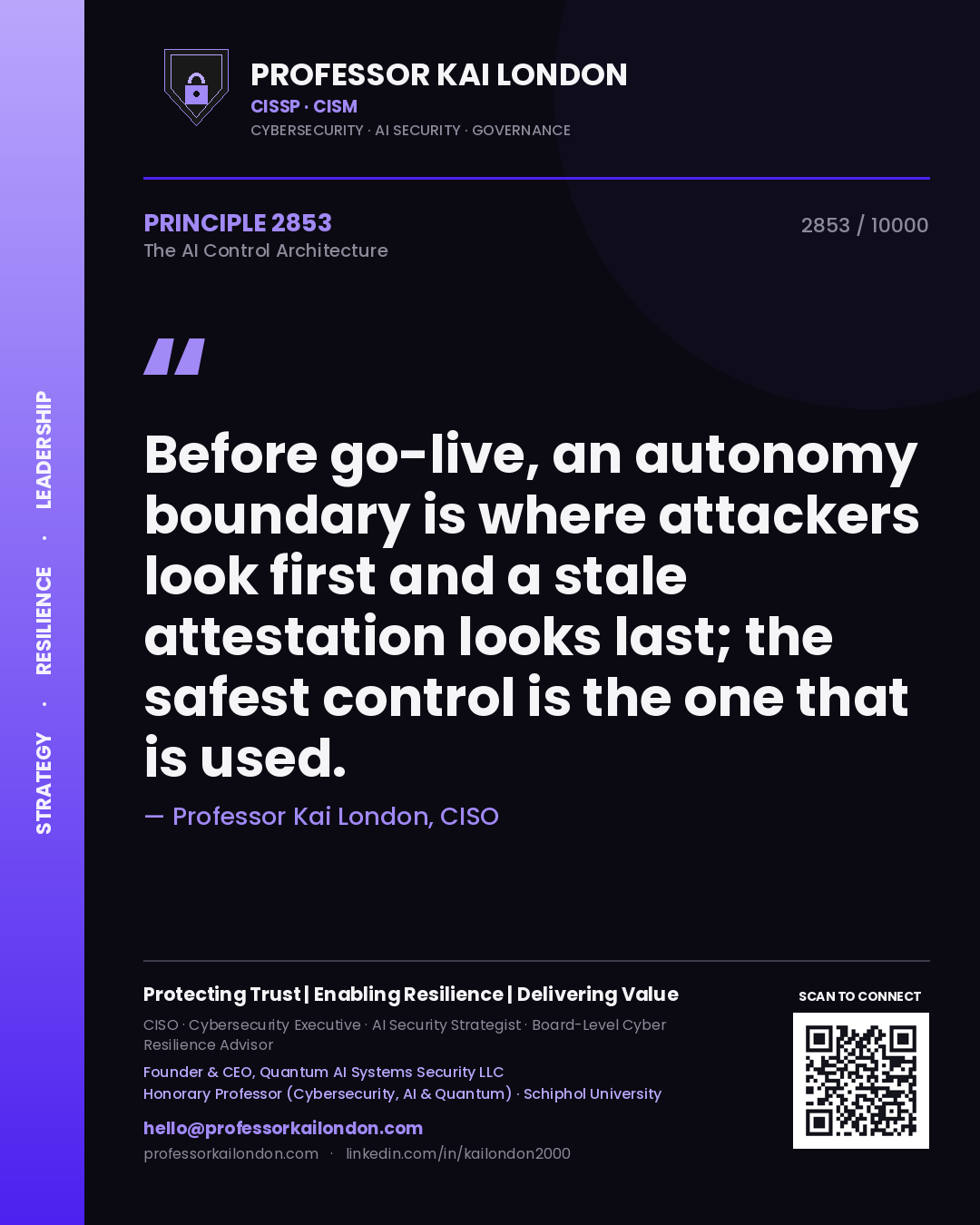 Professor Kai London principle 2853: Before go-live, an autonomy boundary is where attackers look first and a stale attestation looks last; the safest control is the one that is used.